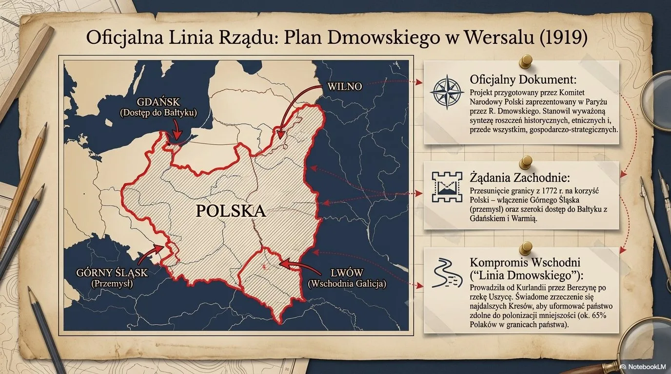 Mapa: linia Dmowskiego - oficjalny postulat delegacji polskiej w Wersalu 1919, proponowana zachodnia granica odrodzonej Polski oparta na kryteriach etnicznych i strategicznych