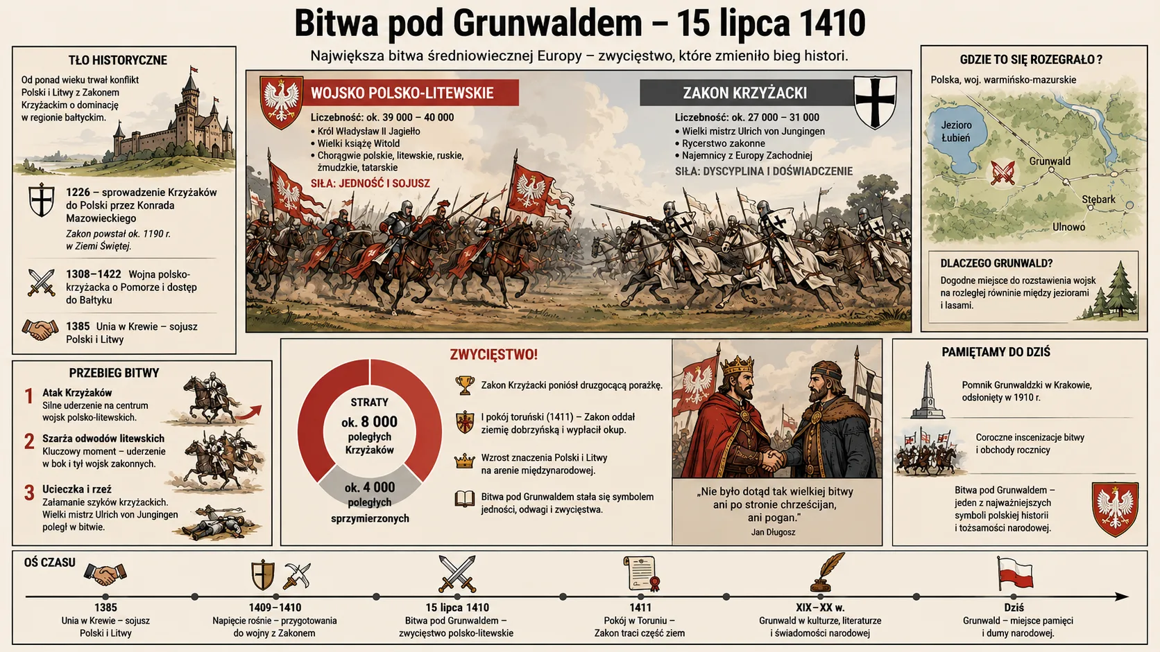 Infografika Bitwa pod Grunwaldem 15 lipca 1410: tło historyczne - od 1226 sprowadzenie Krzyżaków do Polski przez Konrada Mazowieckiego (Zakon powstał ok. 1190 w Ziemi Świętej), wojna o Pomorze 1308-1422, unia w Krewie 1385; siły - wojsko polsko-litewskie ok. 39-40 tys. (Władysław II Jagiełło, książę Witold) wobec zakonu krzyżackiego ok. 27-31 tys. (wielki mistrz Ulrich von Jungingen); przebieg - atak Krzyżaków, szarża odwodów litewskich, ucieczka i rzeź, śmierć wielkiego mistrza; straty ok. 8 tys. Krzyżaków i ok. 4 tys. sprzymierzonych; skutki - I pokój toruński 1411; oś czasu 1385-dziś