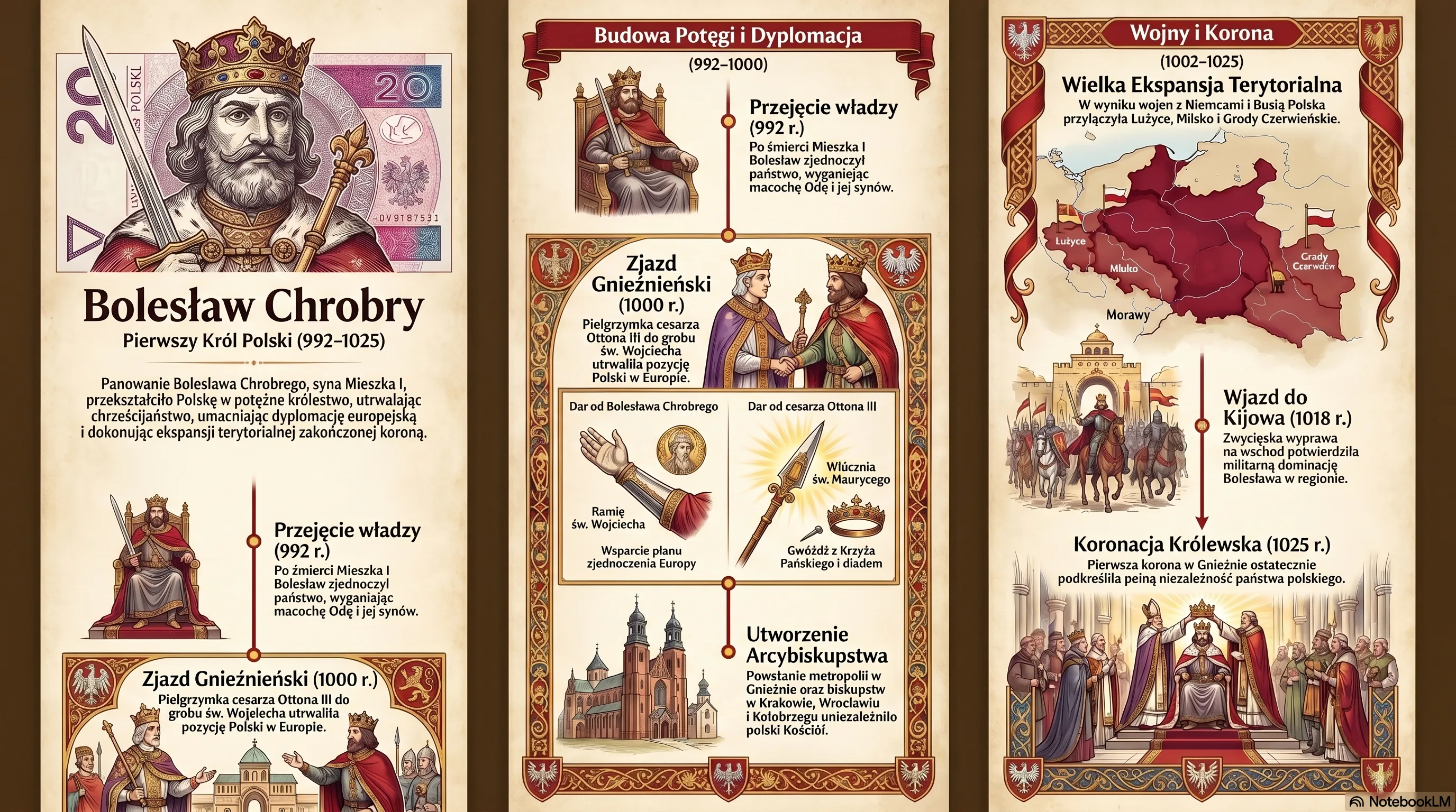 Infografika Panowanie Bolesława Chrobrego: zjazd gnieźnieński, wojny, ekspansja i koronacja