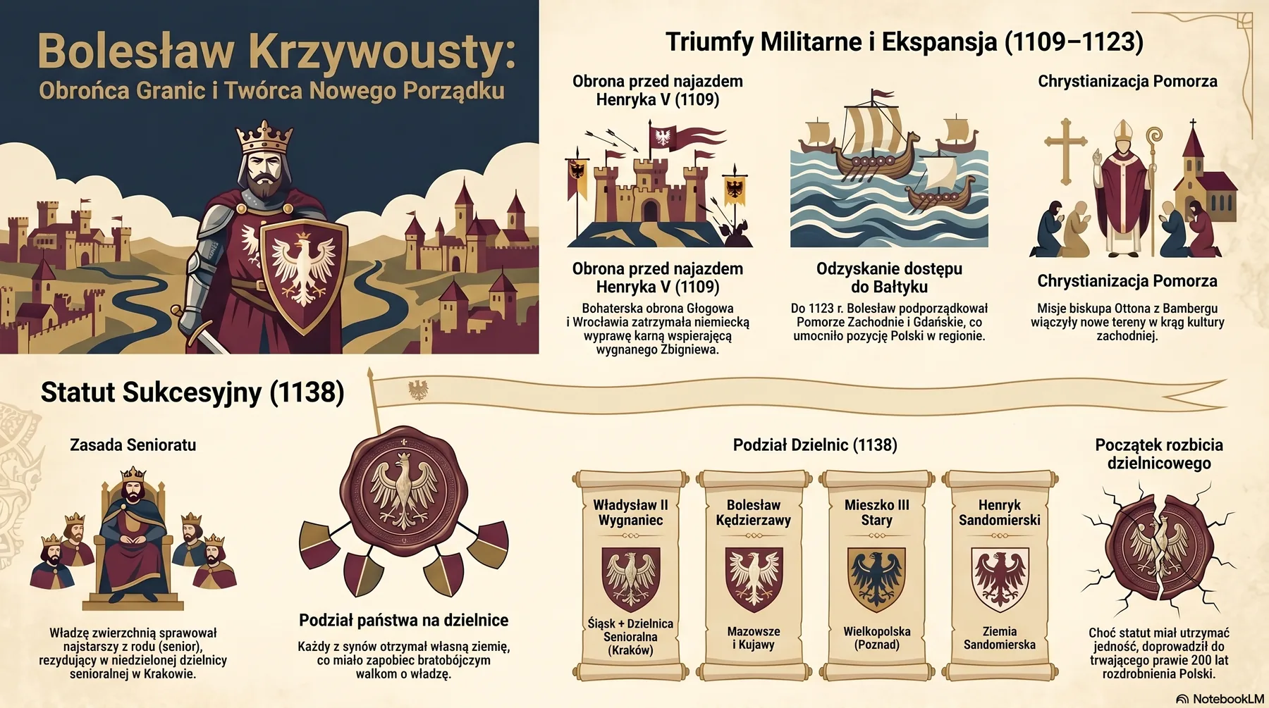 Infografika: Bolesław Krzywousty - obrona przed Henrykiem V pod Głogowem 1109, chrystianizacja i podbój Pomorza, odzyskanie dostępu do Bałtyku, Statut sukcesyjny 1138 i podział na dzielnice (Władysław II, Bolesław Kędzierzawy, Mieszko III, Henryk Sandomierski)
