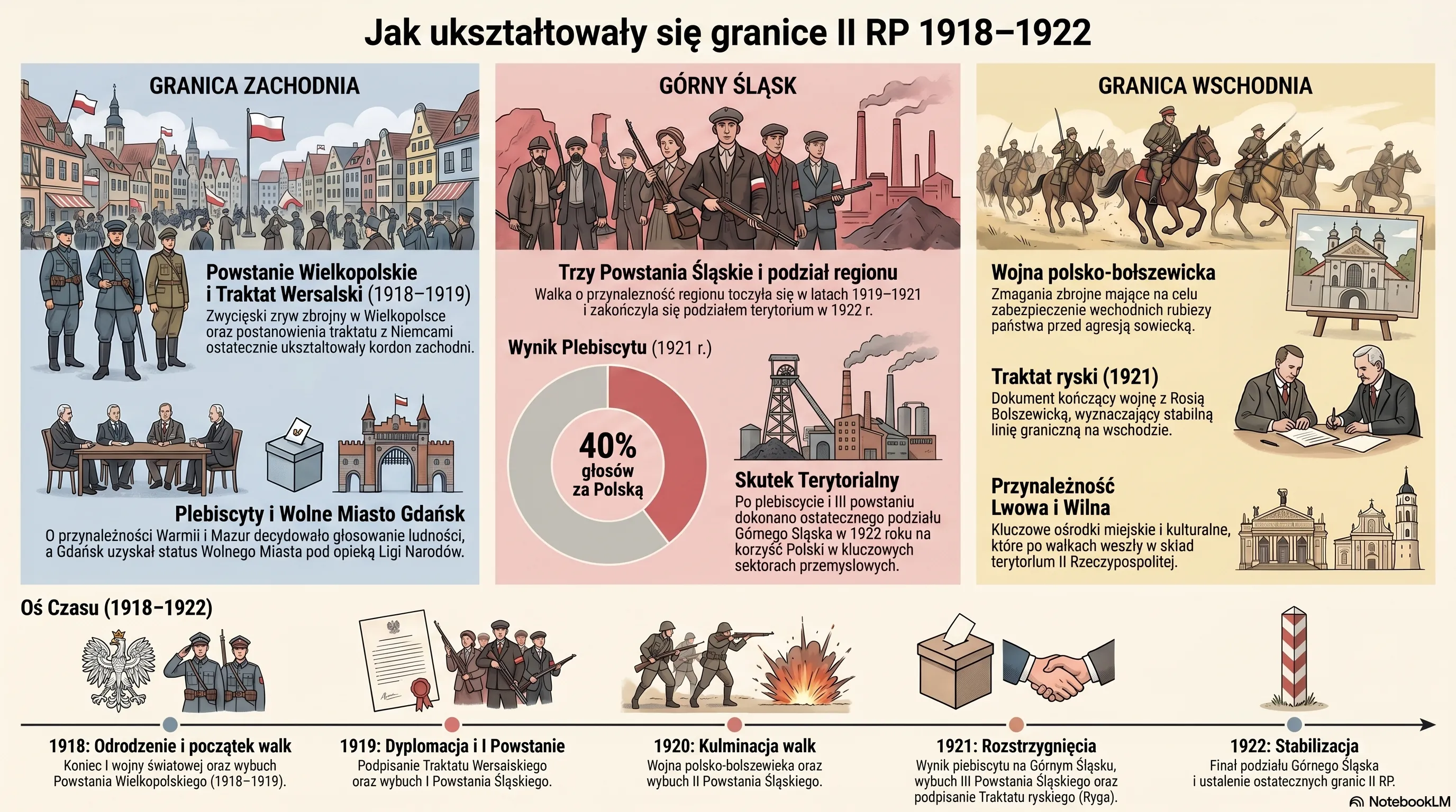 Infografika: jak ukształtowały się granice II RP 1918-1922. Granica zachodnia - powstanie wielkopolskie i traktat wersalski 1918-1919, plebiscyty i Wolne Miasto Gdańsk pod opieką Ligi Narodów. Górny Śląsk - trzy powstania śląskie i podział regionu, plebiscyt 1921 z wynikiem 40 procent głosów za Polską, podział 1922 na korzyść Polski w sektorach przemysłowych. Granica wschodnia - wojna polsko-bolszewicka, traktat ryski 1921, przynależność Lwowa i Wilna. Oś czasu: 1918 odrodzenie i początek walk, 1919 dyplomacja i I powstanie, 1920 kulminacja walk, 1921 rozstrzygnięcia, 1922 stabilizacja