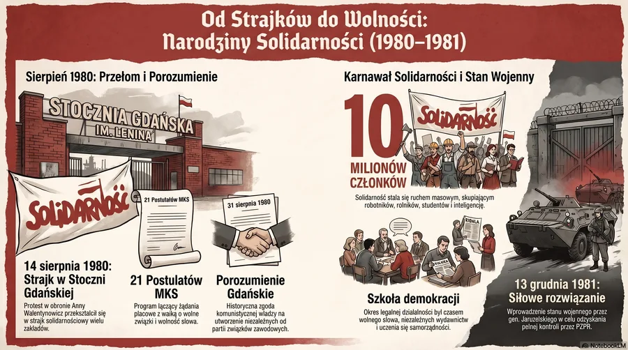 Infografika: Narodziny Solidarności 1980–1981 — strajk w Stoczni Gdańskiej, 21 Postulatów, Porozumienie Gdańskie, Karnawał Solidarności, Stan Wojenny