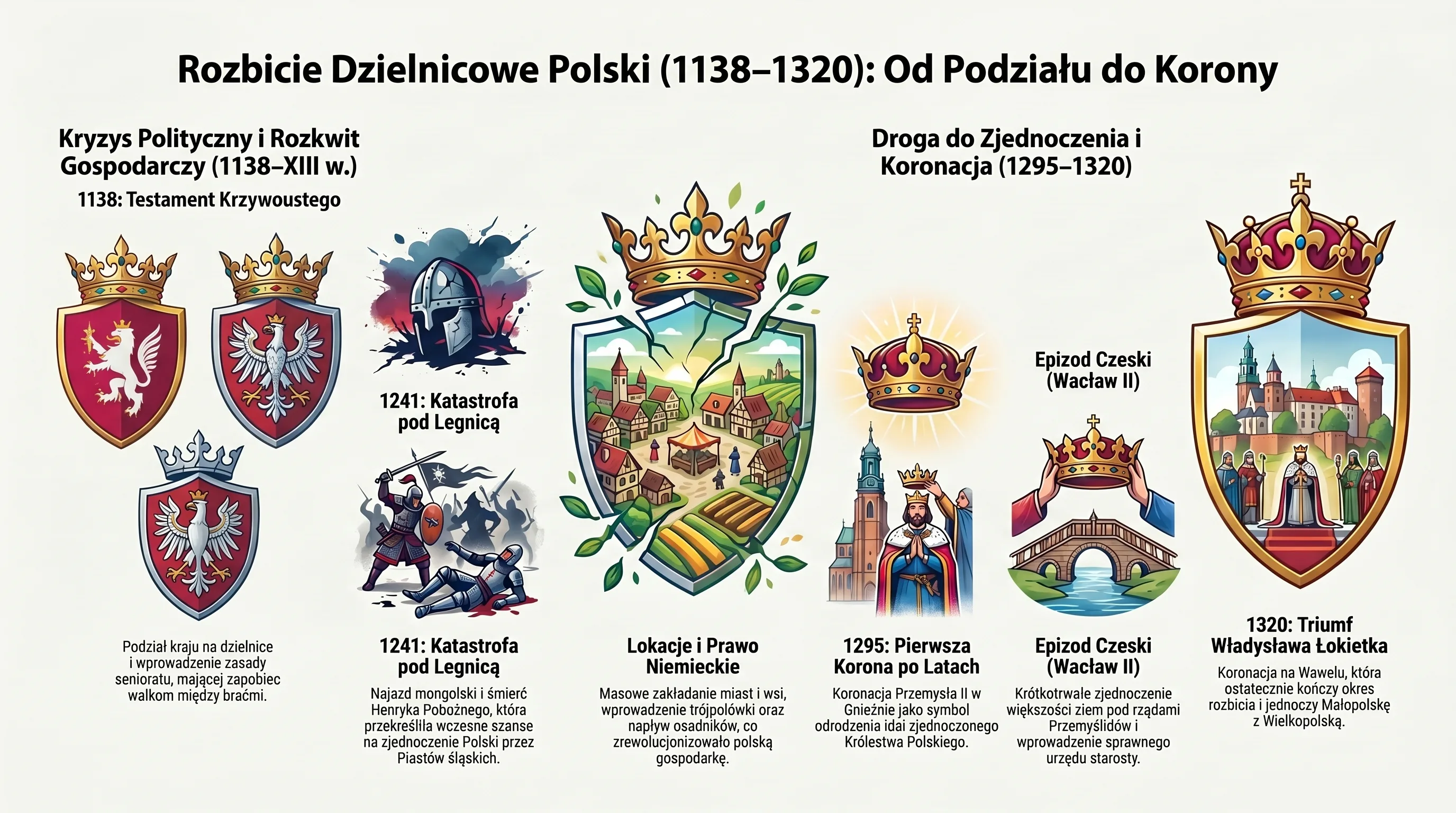 Infografika Rozbicie dzielnicowe Polski 1138–1320: od podziału do Korony
