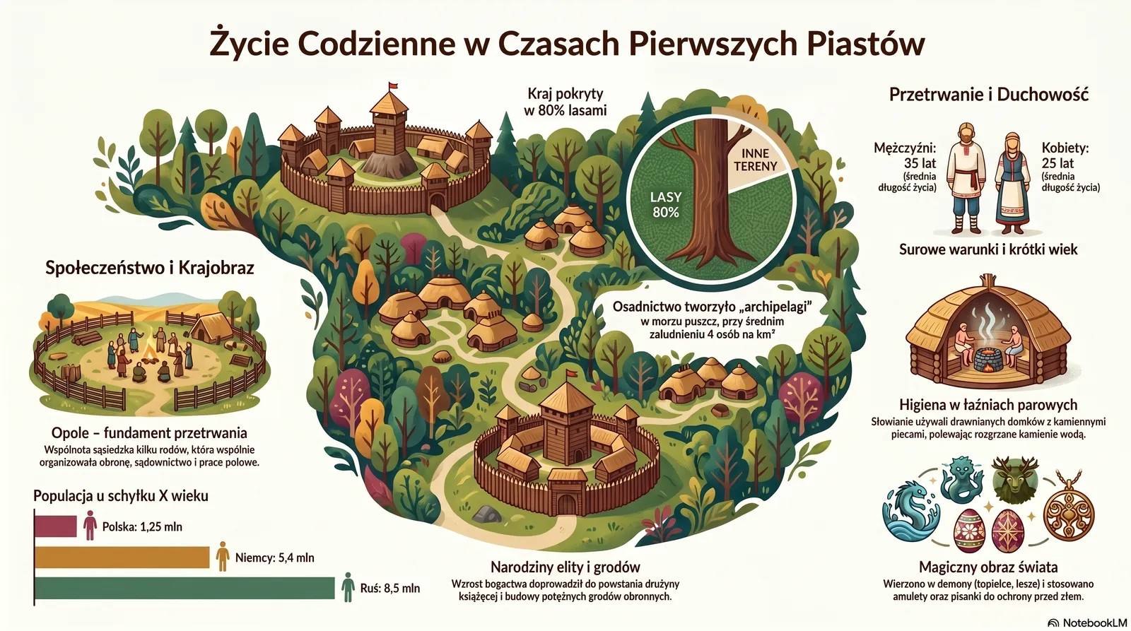 Infografika: życie codzienne w czasach pierwszych Piastów - kraj w 80% pokryty lasami, opole jako wspólnota sąsiedzka, osadnictwo tworzące archipelagi przy zaludnieniu 4 osób na km kwadratowy, populacja Polski 1,25 mln wobec Niemiec 5,4 mln i Rusi 8,5 mln, średnia długość życia mężczyzn 35 i kobiet 25 lat, higiena w łaźniach parowych, magiczny obraz świata z demonami i amuletami