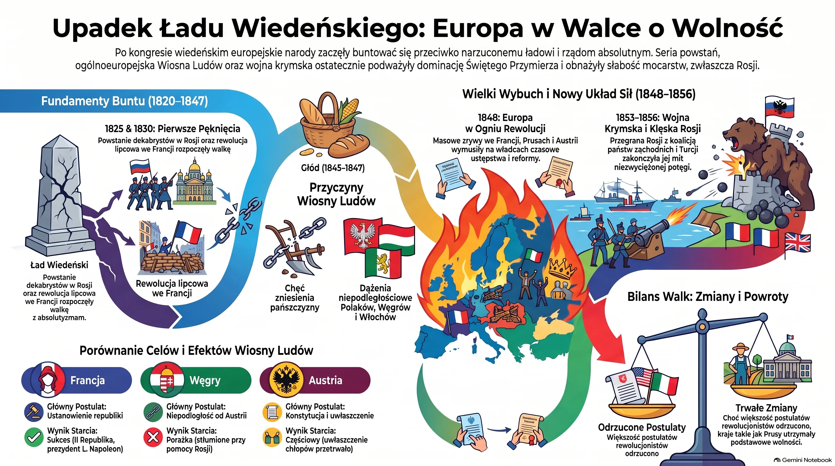Infografika: Upadek Ładu Wiedeńskiego - Europa w Walce o Wolność. Fundamenty buntu 1820-1847: powstanie dekabrystów w Rosji i rewolucja lipcowa we Francji 1825 i 1830, głód 1845-1847 jako przyczyna gospodarcza. Przyczyny Wiosny Ludów: chęć zniesienia pańszczyzny, dążenia niepodległościowe Polaków, Węgrów i Włochów. Wielki Wybuch i Nowy Układ Sił 1848-1856: rewolucje we Francji, Prusach i Austrii w 1848 roku oraz wojna krymska 1853-1856 i klęska Rosji kończąca mit jej niezwyciężonej potęgi. Porównanie celów i efektów Wiosny Ludów we Francji, na Węgrzech i w Austrii. Bilans walk: odrzucone postulaty rewolucjonistów, ale trwałe zmiany jak konstytucje w niektórych krajach.
