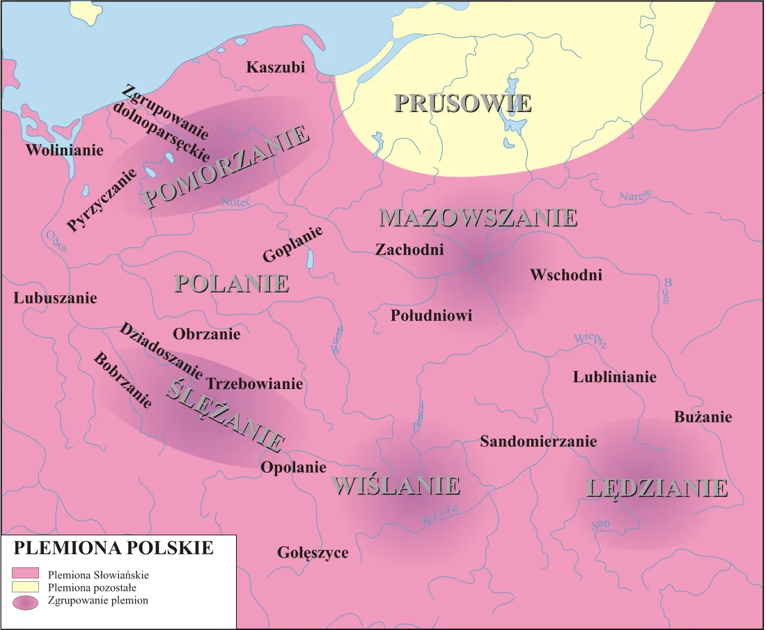 Mapa plemion polskich we wczesnym średniowieczu - Polanie, Wiślanie, Ślężanie, Mazowszanie, Pomorzanie, Lędzianie na ziemiach polskich przed zjednoczeniem