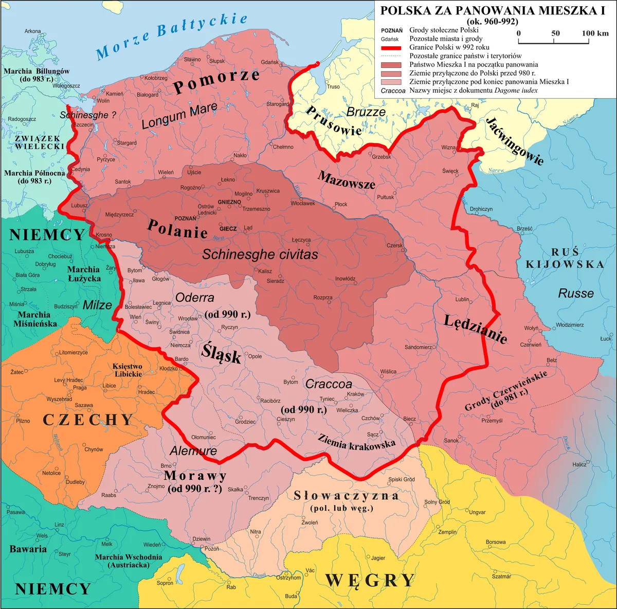 Mapa państwa Polskiego za Mieszka I w latach 960-992 - terytorium, główne grody i sąsiedzi wczesnej Polski Piastów