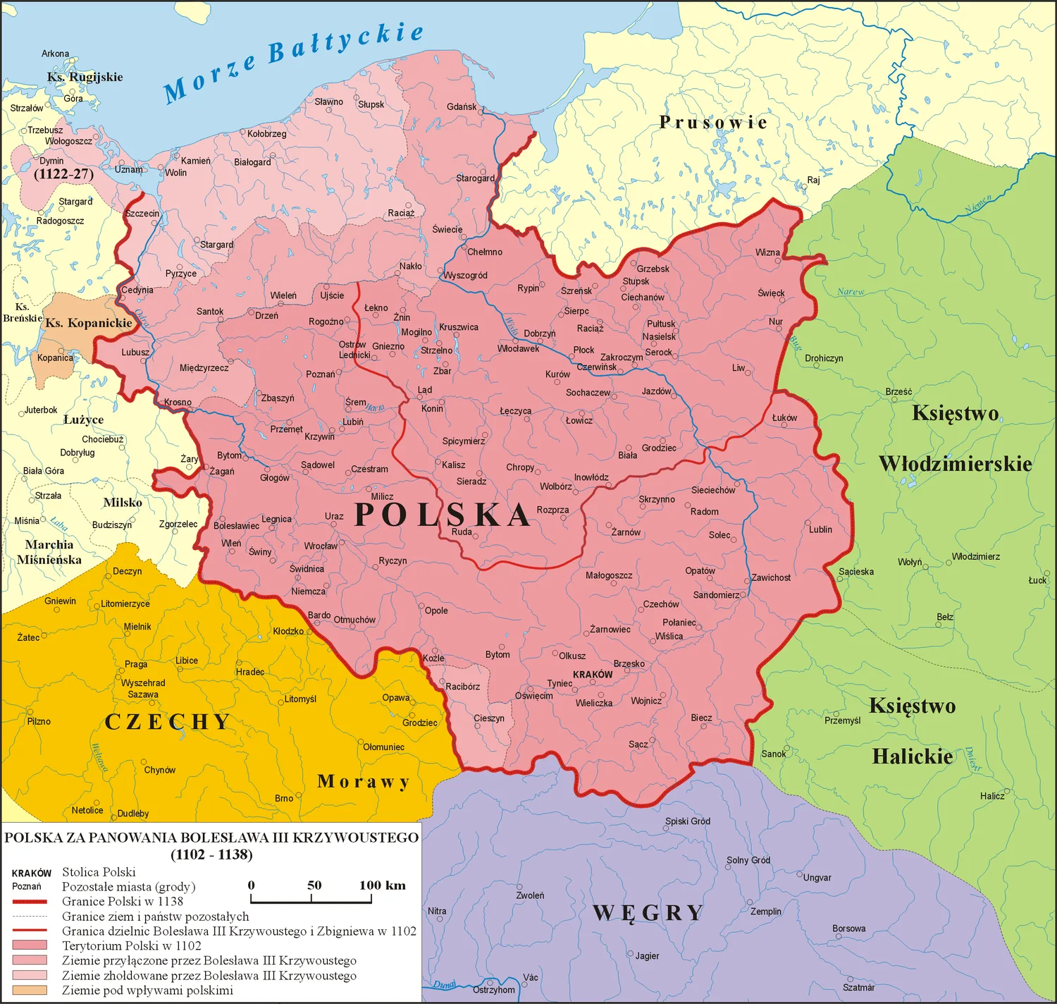Mapa Polski w latach 1102-1138 - ziemie pod panowaniem Bolesława Krzywoustego, podbój Pomorza i podział dzielnicowy z 1138 r.