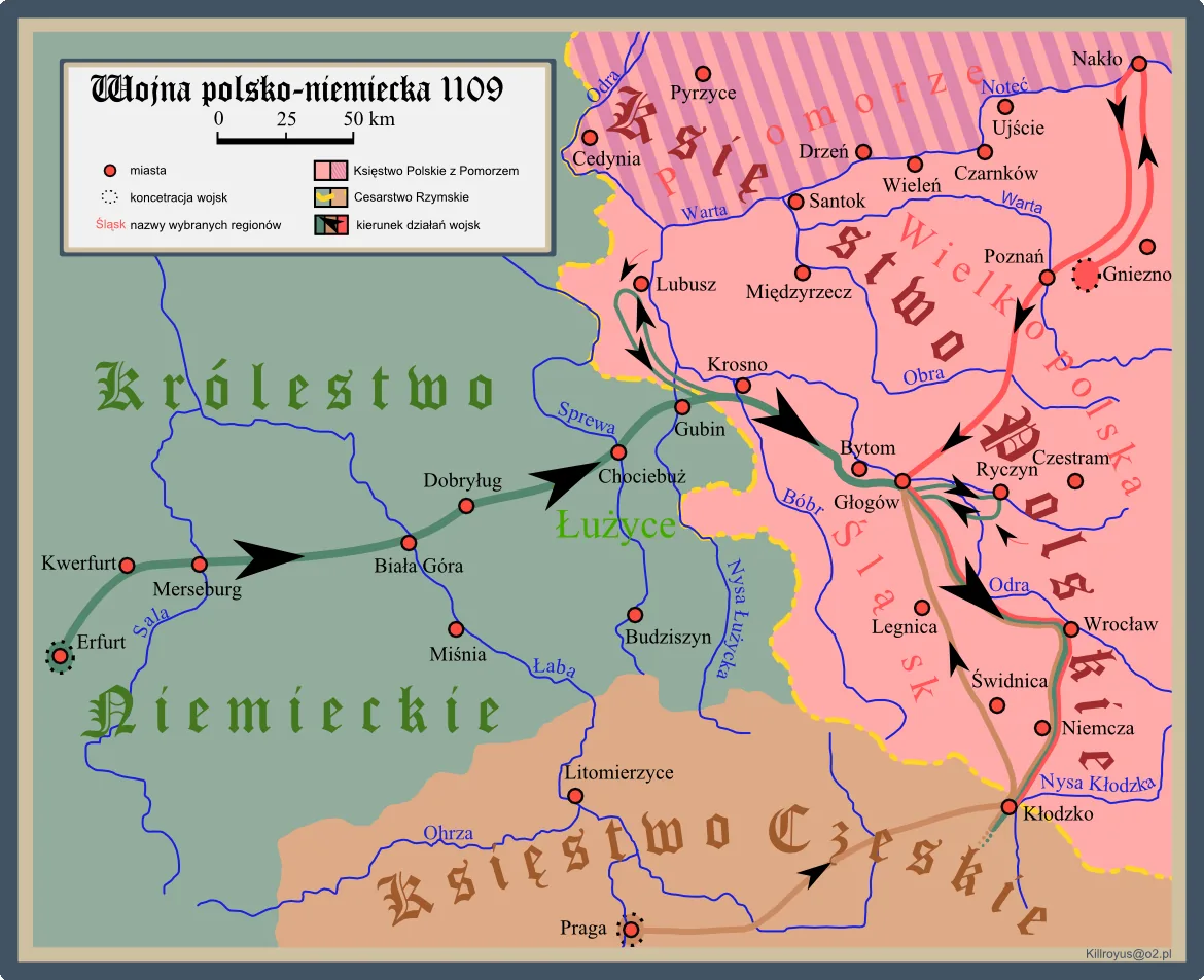 Mapa wojny polsko-niemieckiej w 1109 roku - wyprawa cesarza Henryka V, obrona Głogowa i Wrocławia przez Bolesława Krzywoustego