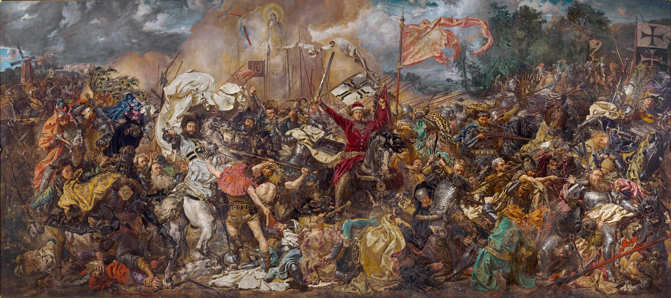 Obraz Jana Matejki Bitwa pod Grunwaldem z 1878 roku: w centrum wielki książę Witold w czerwonej szacie z uniesionymi ramionami, wokół chaos walki rycerstwa polsko-litewskiego z Krzyżakami oraz śmierć wielkiego mistrza Ulricha von Jungingena