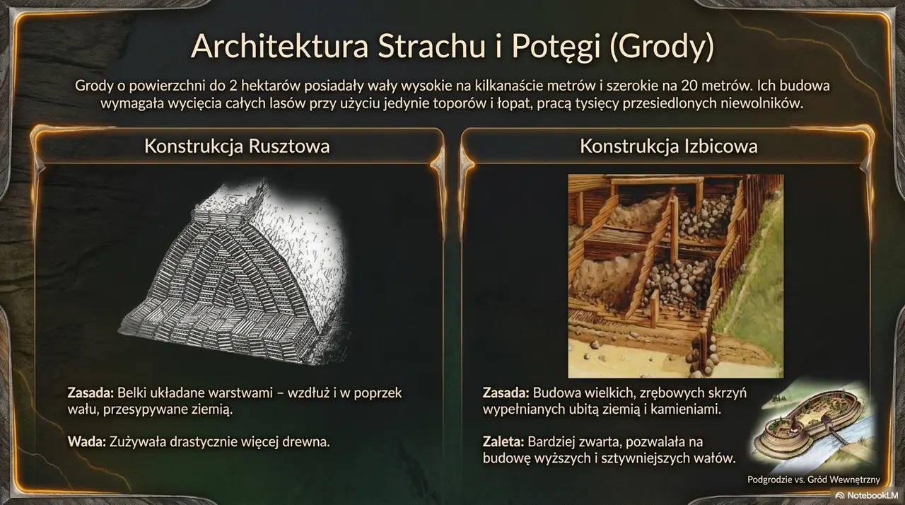 Porównanie konstrukcji wałów grodowych: rusztowa z belek przesypywanych ziemią oraz izbicowa ze skrzyń wypełnianych ziemią i kamieniami