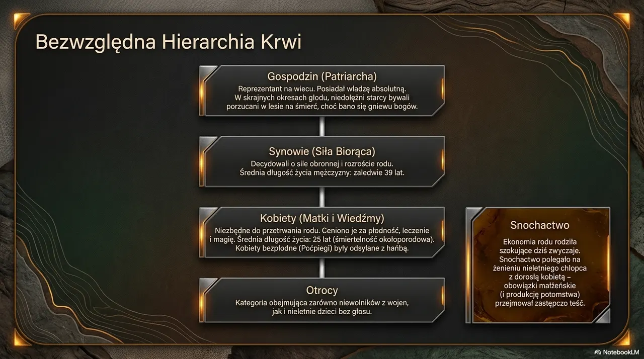 Diagram hierarchii społecznej rodu w czasach pierwszych Piastów: gospodzin patriarcha na szczycie, niżej synowie jako siła robocza, kobiety jako matki, na dole otrocy czyli niewolnicy
