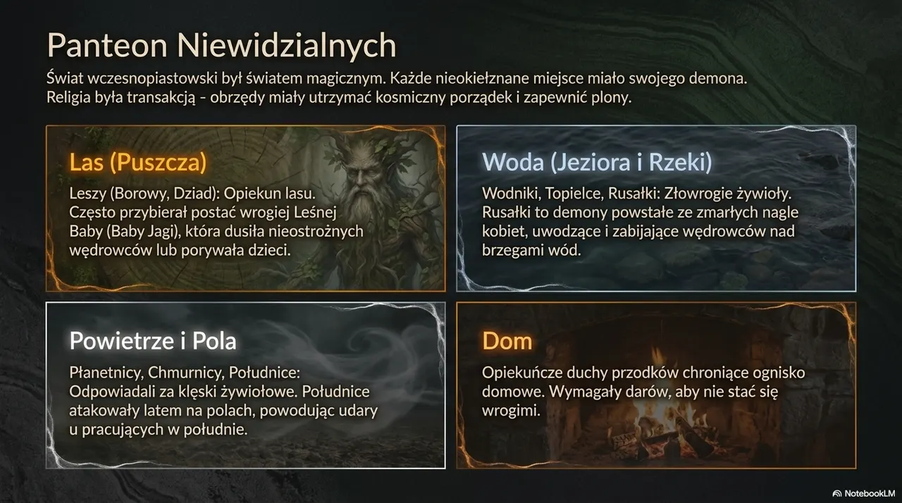 Panteon słowiańskich demonów: leszy w lesie, wodnik i rusałki w wodzie, południce na polach oraz opiekuńcze duchy domowe