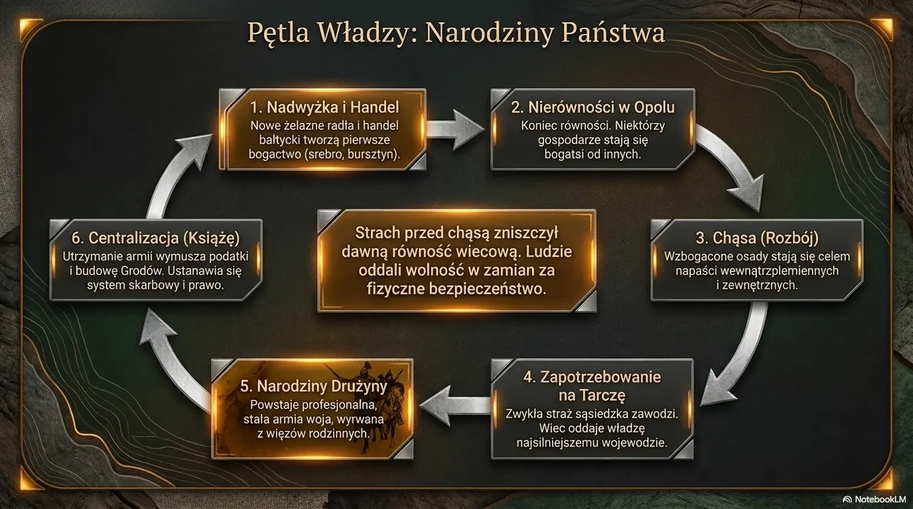 Schemat pętli władzy: nadwyżka i handel, nierówności w opolu, chąsa czyli rozboje, zapotrzebowanie na obronę, narodziny drużyny i centralizacja władzy księcia