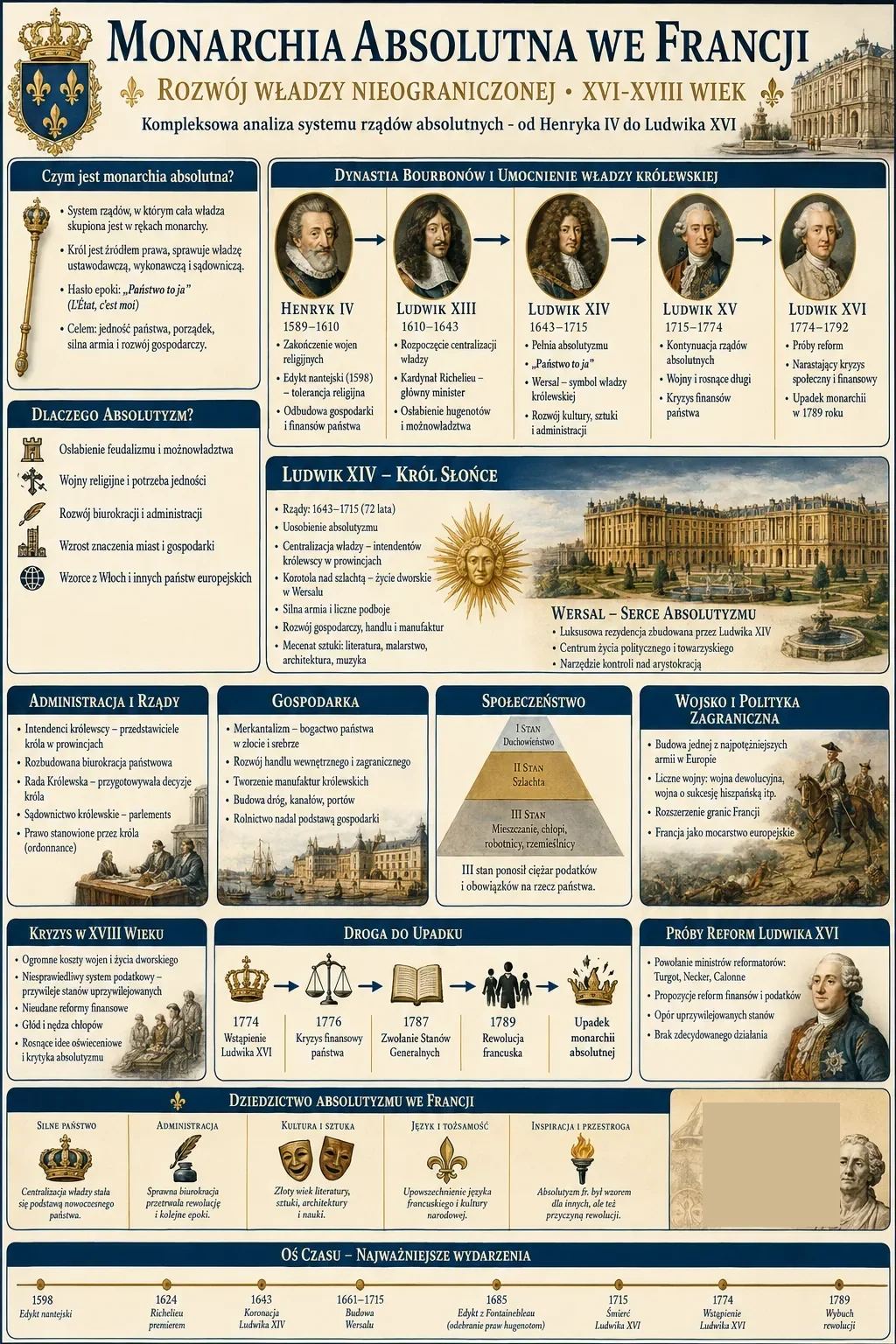 Infografika: Monarchia Absolutna we Francji. Dynastia Burbonow: Henryk IV (1589-1610), Ludwik XIII (1610-1643), Ludwik XIV (1643-1715), Ludwik XV (1715-1774), Ludwik XVI (1774-1792). Ludwik XIV - Krol Slonce, Wersal - serce absolutyzmu. Administracja i rzady: intendenci, biurokracja, Rada Krolewska, parlementy. Gospodarka: merkantylizm. Spoleczenstwo: I stan (duchowienstwo), II stan (szlachta), III stan (mieszczanie, chlopi). Wojsko i polityka zagraniczna. Kryzys w XVIII wieku i droga do upadku: 1774 wstapienie Ludwika XVI, 1776 kryzys finansowy, 1787 zwolanie Stanow Generalnych, 1789 rewolucja francuska, upadek monarchii absolutnej. Proby reform Ludwika XVI. Dziedzictwo absolutyzmu we Francji. Os czasu od edyktu nantejskiego 1598 do wybuchu rewolucji 1789.