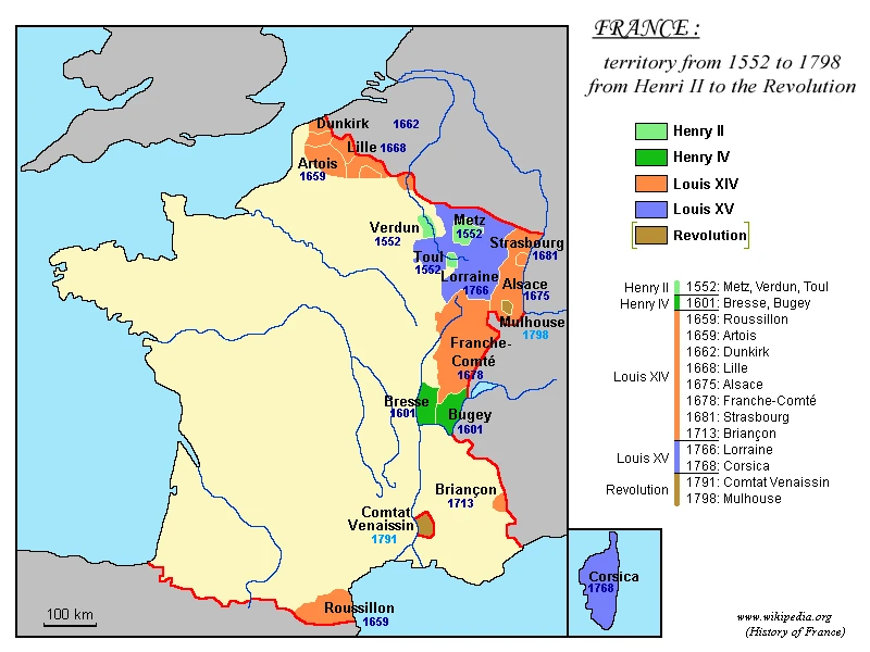 Mapa terytorialnej ekspansji Francji w latach 1552-1798, z podziałem na nabytki Henryka II, Henryka IV, Ludwika XIV, Ludwika XV i rewolucji francuskiej