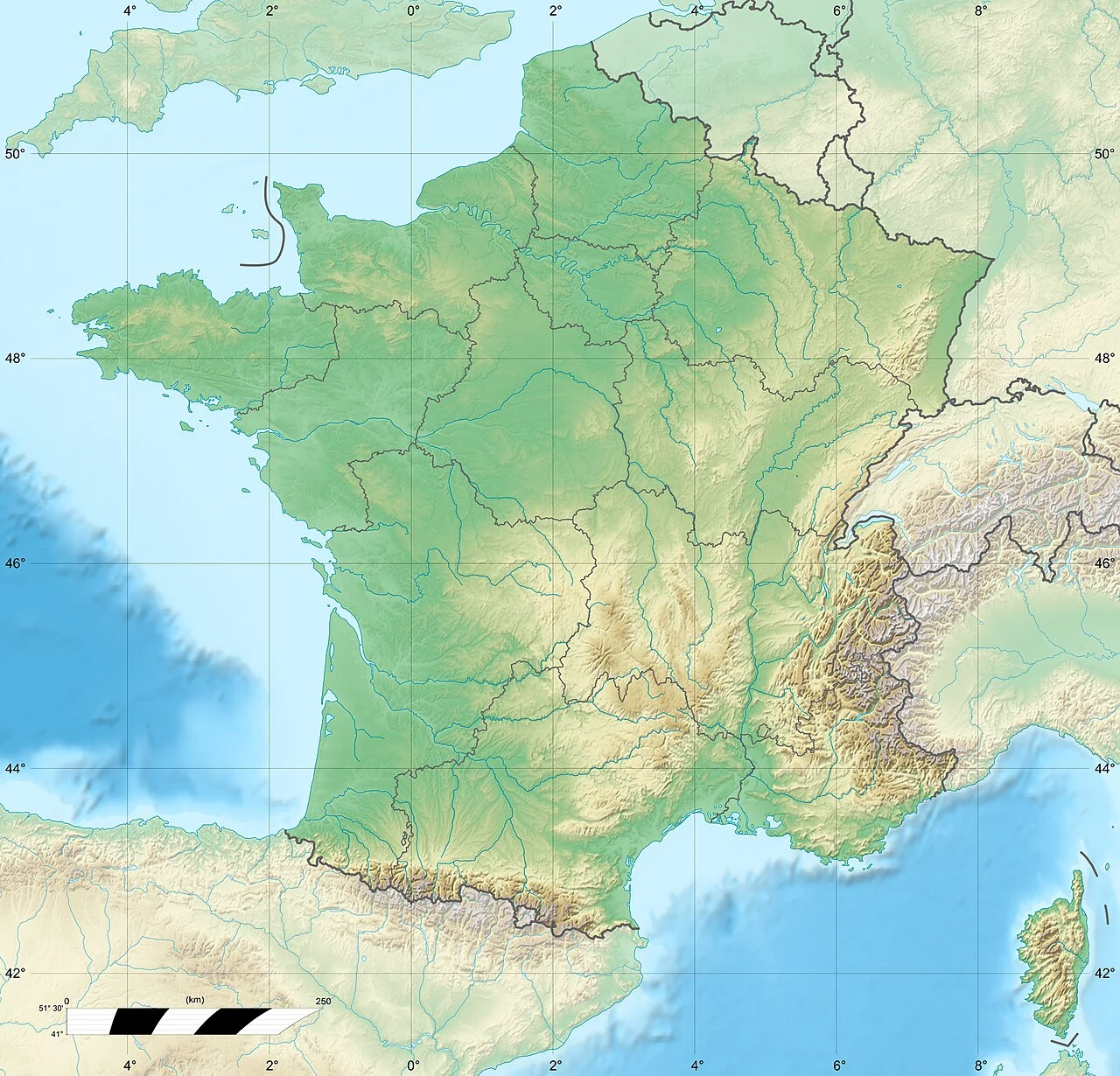 Fizyczna mapa Francji z zaznaczonymi ośrodkami władzy: Paryżem, Wersalem, Lyonem, Strasburgiem i Reims