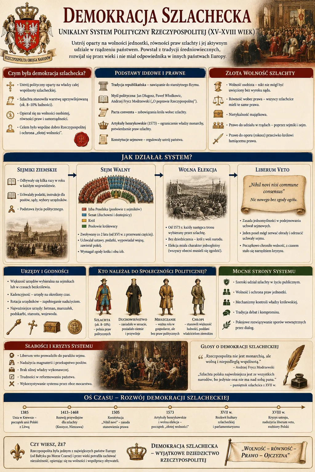 Infografika: Demokracja szlachecka - unikalny system polityczny Rzeczypospolitej (XV-XVIII wiek). Podstawy ideowe i prawne: tradycja republikanska, mysl polityczna Jana Dlugosza, Pawla Wlodkowica, Andrzeja Frycza Modrzewskiego, pacta conventa, artykuly henrykowskie (1573), konstytucje sejmowe. Zlota wolnosc szlachty: wolnosc osobista, rownosc wobec prawa, nietykalnosc majatkowa, prawo do udzialu w rzadach, prawo do oporu (rokosz). Jak dzialal system: sejmiki ziemskie, sejm walny (izba poselska, senat, krol), wolna elekcja, liberum veto. Urzedy i godnosci. Kto nalezal do spolecznosci politycznej: szlachta, duchowienstwo, mieszczanie, chlopi. Mocne strony systemu i slabosci - kryzys, liberum veto, naduzycia magnaterii. Os czasu: 1385 unia w Krewie, 1413-1468 rozwoj przywilejow, 1505 konstytucja Nihil novi, 1573 artykuly henrykowskie, XVII w. rozkwit, XVIII w. kryzys ustroju i rozbiory Polski.