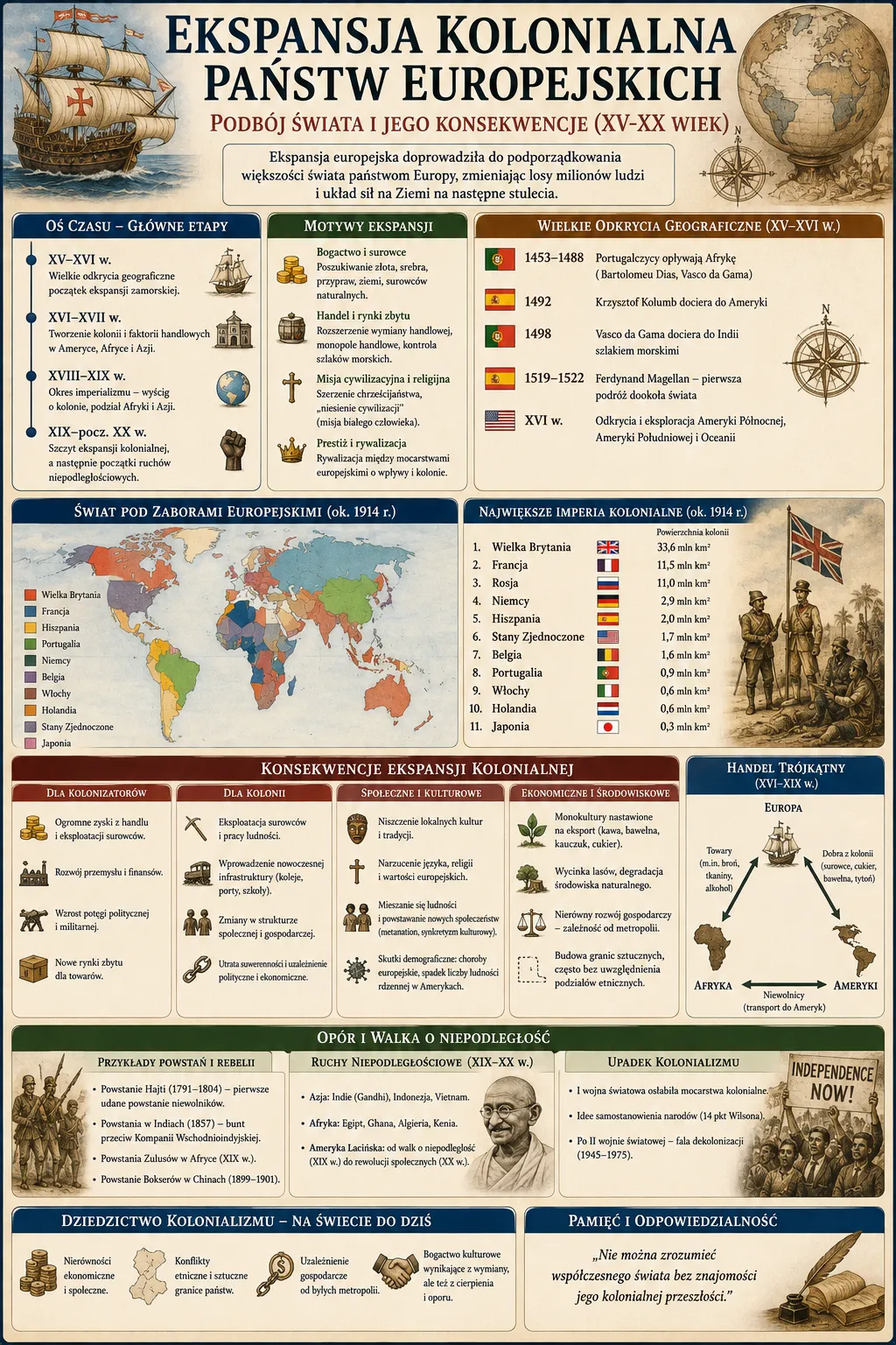 Infografika: Ekspansja kolonialna panstw europejskich - podboj swiata i jego konsekwencje (XV-XX wiek). Os czasu: XV-XVI w. wielkie odkrycia geograficzne, XVI-XVII w. tworzenie kolonii i faktorii, XVIII-XIX w. wyscig o kolonie, XIX-pocz. XX w. szczyt ekspansji i poczatki ruchow niepodleglosciowych. Motywy ekspansji: bogactwo i surowce, handel i rynki zbytu, misja cywilizacyjna i religijna, prestiz i rywalizacja. Wielkie odkrycia geograficzne: Portugalczycy opluwaja Afryke 1453-1488, Kolumb dociera do Ameryki 1492, Vasco da Gama dociera do Indii 1498, Magellan pierwsza podroz dookola swiata 1519-1522. Swiat pod zaborami europejskimi ok. 1914 - mapa oraz ranking najwiekszych imperiow kolonialnych: Wielka Brytania 33,6 mln km2, Francja 11,5 mln km2, Rosja 11,0 mln km2, Niemcy 2,9 mln km2, Hiszpania 2,0 mln km2, USA 1,7 mln km2, Belgia 1,6 mln km2, Portugalia 0,9 mln km2, Wlochy 0,6 mln km2, Holandia 0,6 mln km2, Japonia 0,3 mln km2. Konsekwencje ekspansji kolonialnej dla kolonizatorow, dla kolonii, spoleczne i kulturowe, ekonomiczne i srodowiskowe. Handel trojkatny Europa-Afryka-Ameryka. Opor i walka o niepodleglosc: powstania (Haiti, Indie, Zulusi, Boksrzy), ruchy niepodlegosciowe XIX-XX w., upadek kolonializmu po I i II wojnie swiatowej. Dziedzictwo kolonializmu we wspolczesnym swiecie.