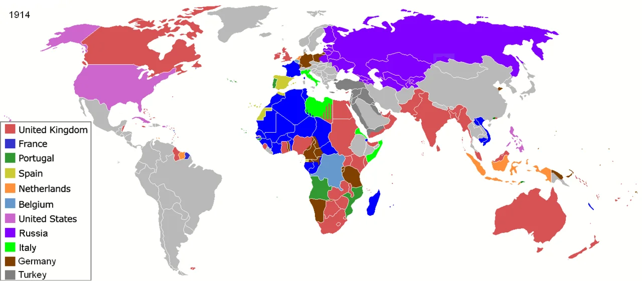 Mapa imperiów kolonialnych mocarstw europejskich w 1914 roku - Wielka Brytania, Francja, Rosja, Niemcy, Hiszpania, USA, Belgia, Portugalia, Włochy, Holandia