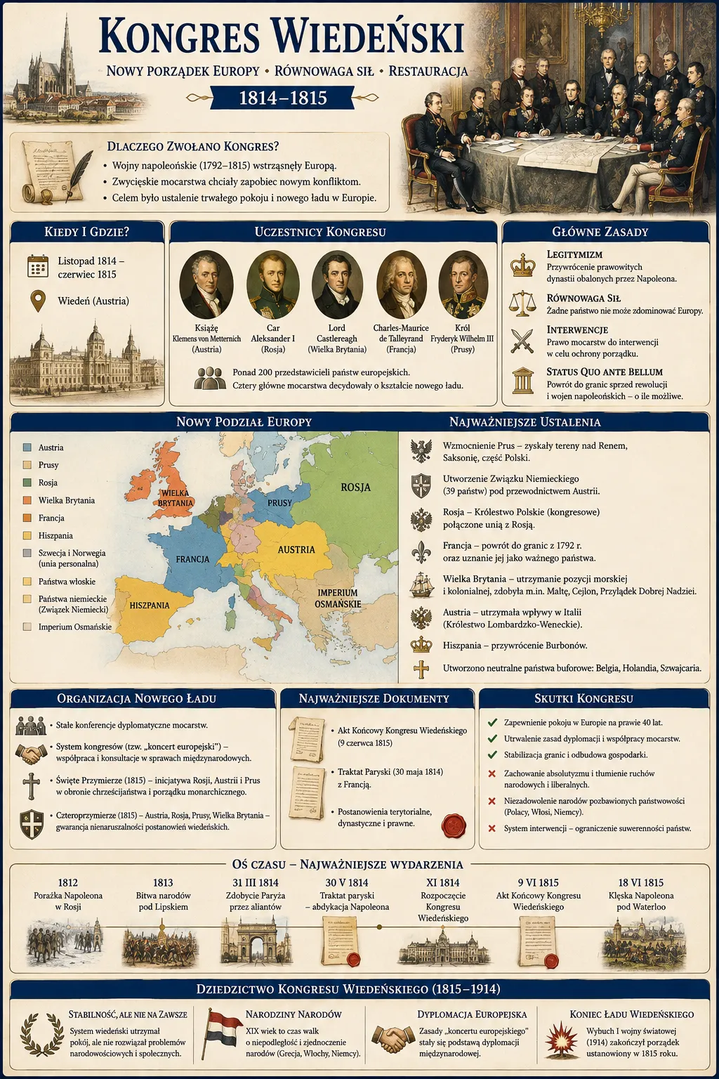 Infografika: Kongres Wiedenski - nowy porzadek Europy, rownowaga sil, restauracja 1814-1815. Dlaczego zwolano kongres: wojny napoleonskie 1792-1815, obawa przed nowymi konfliktami, ustalenie trwalego pokoju. Kiedy i gdzie: listopad 1814 - czerwiec 1815, Wieden. Uczestnicy: ksiaze Klemens von Metternich (Austria), car Aleksander I (Rosja), lord Castlereagh (Wielka Brytania), Charles-Maurice de Talleyrand (Francja), krol Fryderyk Wilhelm III (Prusy). Glowne zasady: legitymizm, rownowaga sil, interwencje, status quo ante bellum. Nowy podzial Europy - mapa z Austria, Prusy, Rosja, Wielka Brytania, Francja, Hiszpania, panstwa wloskie i niemieckie, Imperium Osmanskie. Najwazniejsze ustalenia: wzmocnienie Prus, Zwiazek Niemiecki (39 panstw), Krolestwo Polskie w unii z Rosja, powrot Francji do granic 1792, Wielka Brytania utrzymuje pozycje morska i kolonialna, Austria wplywy w Italii, przywrocenie Burbonow w Hiszpanii, panstwa buforowe Belgia-Holandia-Szwajcaria. Organizacja nowego ladu: system kongresow, Swiete Przymierze 1815, Czteroprzymierze 1815. Skutki kongresu: pokoj w Europie na prawie 40 lat, utrwalenie dyplomacji, ale zachowanie absolutyzmu i tlumienie ruchow narodowych. Os czasu: 1812 porazka Napoleona w Rosji, 1813 Bitwa Narodow pod Lipskiem, 31 III 1814 zdobycie Paryza, 30 V 1814 traktat paryski, XI 1814 rozpoczecie kongresu, 9 VI 1815 Akt Koncowy, 18 VI 1815 kleska Napoleona pod Waterloo. Dziedzictwo kongresu do 1914 roku - koniec ladu wiedenskiego wraz z wybuchem I wojny swiatowej.