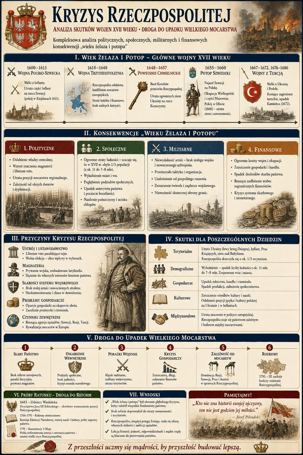 Infografika: Kryzys Rzeczpospolitej - analiza skutków wojen XVII wieku. Główne wojny wieku żelaza i potopu (wojna polsko-szwedzka, wojna trzydziestoletnia, powstanie Chmielnickie, potop szwedzki, wojny z Turcją), konsekwencje polityczne, społeczne, militarne i finansowe, przyczyny kryzysu Rzeczpospolitej, skutki dla poszczególnych dziedzin, droga do upadku wielkiego mocarstwa, próby ratunku i reform oraz wnioski