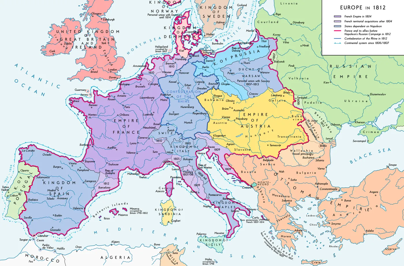 Historyczna mapa Europy w 1812 roku: Cesarstwo Francuskie, państwa zależne od Napoleona, Księstwo Warszawskie, Prusy, Austria i Rosja, z zaznaczonymi miejscami działań Legionów i wojsk Księstwa Warszawskiego