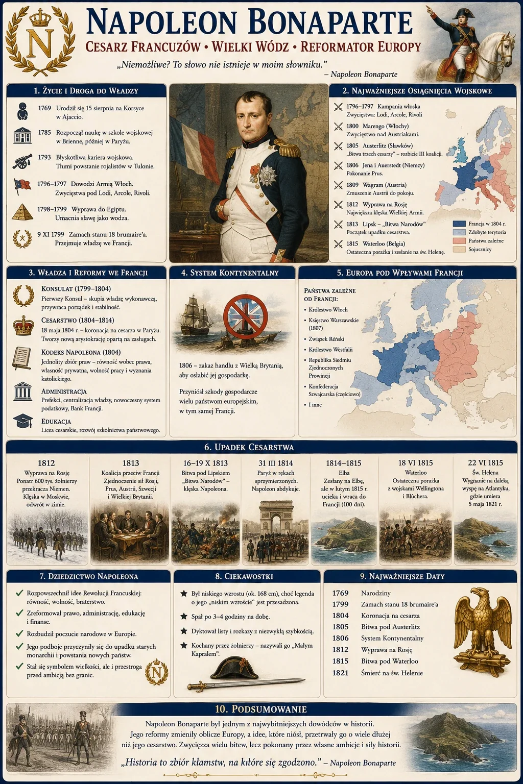 Infografika: Napoleon Bonaparte - cesarz Francuzów, wielki wódz, reformator Europy. Życie i droga do władzy, najważniejsze osiągnięcia wojskowe (kampania włoska, Marengo, Austerlitz, Jena, Wagram, wyprawa na Rosję, Lipsk, Waterloo), władza i reformy we Francji (Konsulat, Cesarstwo, Kodeks Napoleona, administracja, edukacja), system kontynentalny, Europa pod wpływami Francji, upadek cesarstwa, dziedzictwo Napoleona, ciekawostki oraz najważniejsze daty
