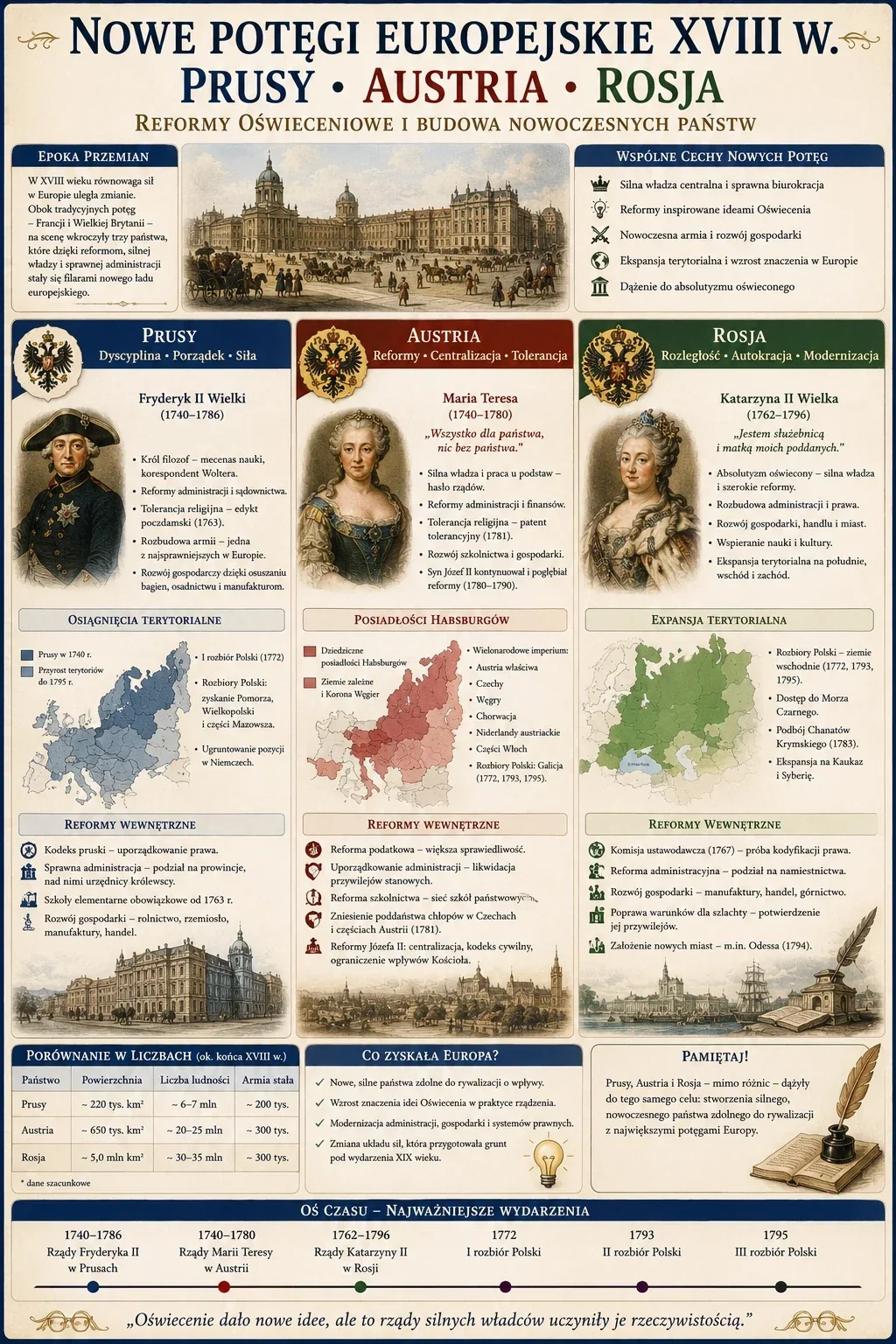 Infografika: Nowe potęgi europejskie XVIII w. - Prusy, Austria, Rosja. Reformy oświeceniowe i budowa nowoczesnych państw, wspólne cechy nowych potęg, władcy (Fryderyk II Wielki, Maria Teresa, Katarzyna II Wielka), osiągnięcia terytorialne, posiadłości Habsburgów, ekspansja terytorialna, reformy wewnętrzne każdego z państw, porównanie w liczbach, co zyskała Europa oraz oś czasu najważniejszych wydarzeń