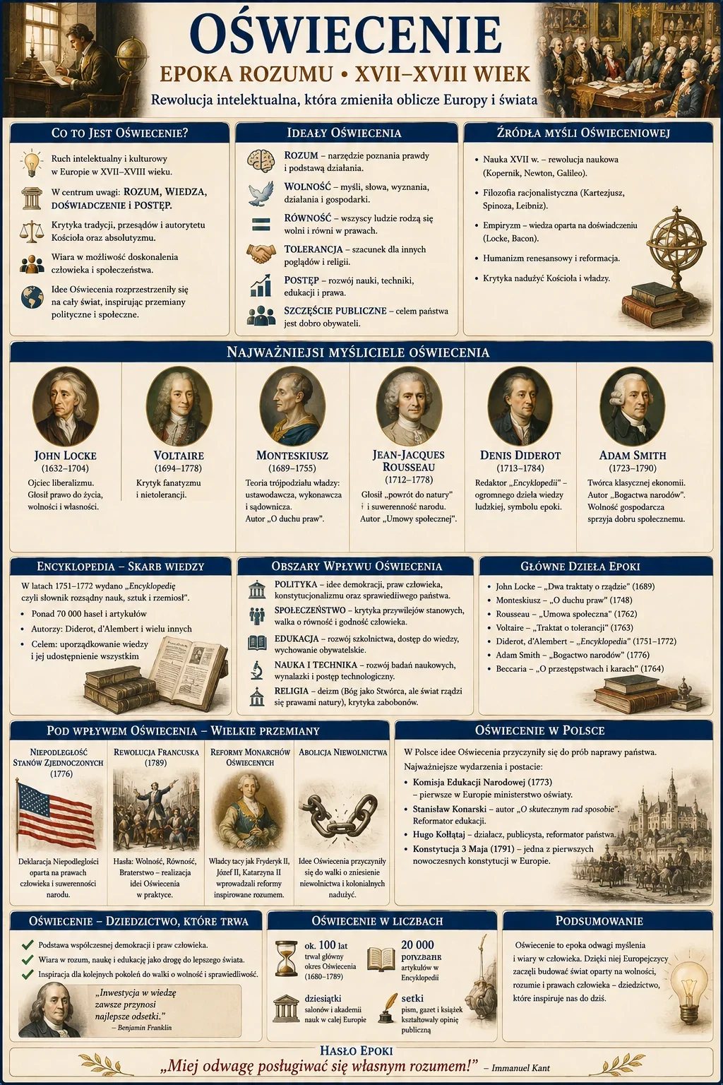 Infografika: Oświecenie - epoka rozumu XVII-XVIII wieku. Ideały (rozum, wolność, równość, tolerancja, postęp), źródła myśli oświeceniowej, najważniejsi myśliciele (Locke, Voltaire, Monteskiusz, Rousseau, Diderot, Adam Smith), Encyklopedia, obszary wpływu, wielkie przemiany (niepodległość USA, rewolucja francuska, reformy monarchów oświeconych, abolicja niewolnictwa), Oświecenie w Polsce oraz podsumowanie epoki
