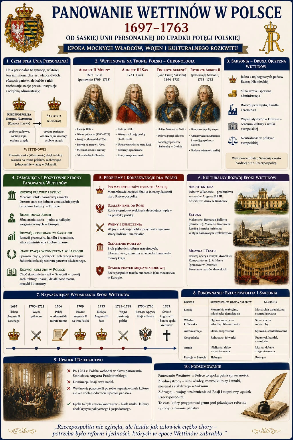 Infografika: Panowanie Wettinów w Polsce 1697-1763, od saskiej unii personalnej do upadku potęgi polskiej. Czym była unia personalna, chronologia panowania Augusta II Mocnego i Augusta III Sasa, Saksonia jako druga ojczyzna Wettinów, osiągnięcia i problemy panowania, kulturalny rozkwit epoki (architektura, sztuka, muzyka i teatr), najważniejsze wydarzenia, porównanie Rzeczpospolitej i Saksonii oraz upadek i dziedzictwo epoki
