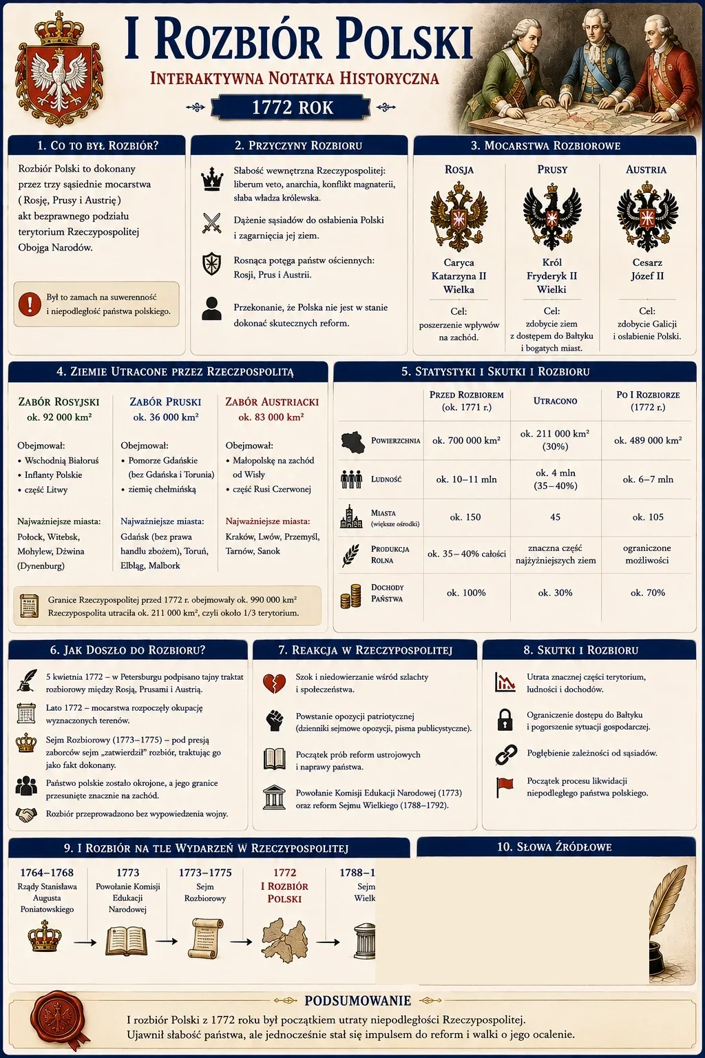 Infografika: I rozbiór Polski 1772 rok. Co to był rozbiór, przyczyny rozbioru, mocarstwa rozbiorowe (Rosja, Prusy, Austria), ziemie utracone przez Rzeczpospolitą, statystyki i skutki rozbioru, jak doszło do rozbioru, reakcja w Rzeczpospolitej, skutki rozbioru, I rozbiór na tle wydarzeń w Rzeczpospolitej oraz słowa źródłowe