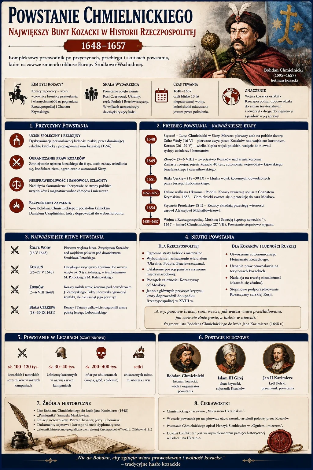 Infografika: Powstanie Chmielnickiego 1648-1657 - największy bunt kozacki w historii Rzeczpospolitej. Przyczyny powstania (ucisk społeczny i religijny, ograniczanie praw kozaków, spór Chmielnickiego z Czaplińskim), przebieg powstania i najważniejsze etapy (Żółte Wody, Korsuń, Zborów, Biała Cerkiew, ugoda perejasławska), najważniejsze bitwy, skutki dla Rzeczpospolitej i Kozaczyzny, powstanie w liczbach, postacie kluczowe (Bohdan Chmielnicki, Islam III Girej, Jan II Kazimierz), źródła historyczne i ciekawostki.