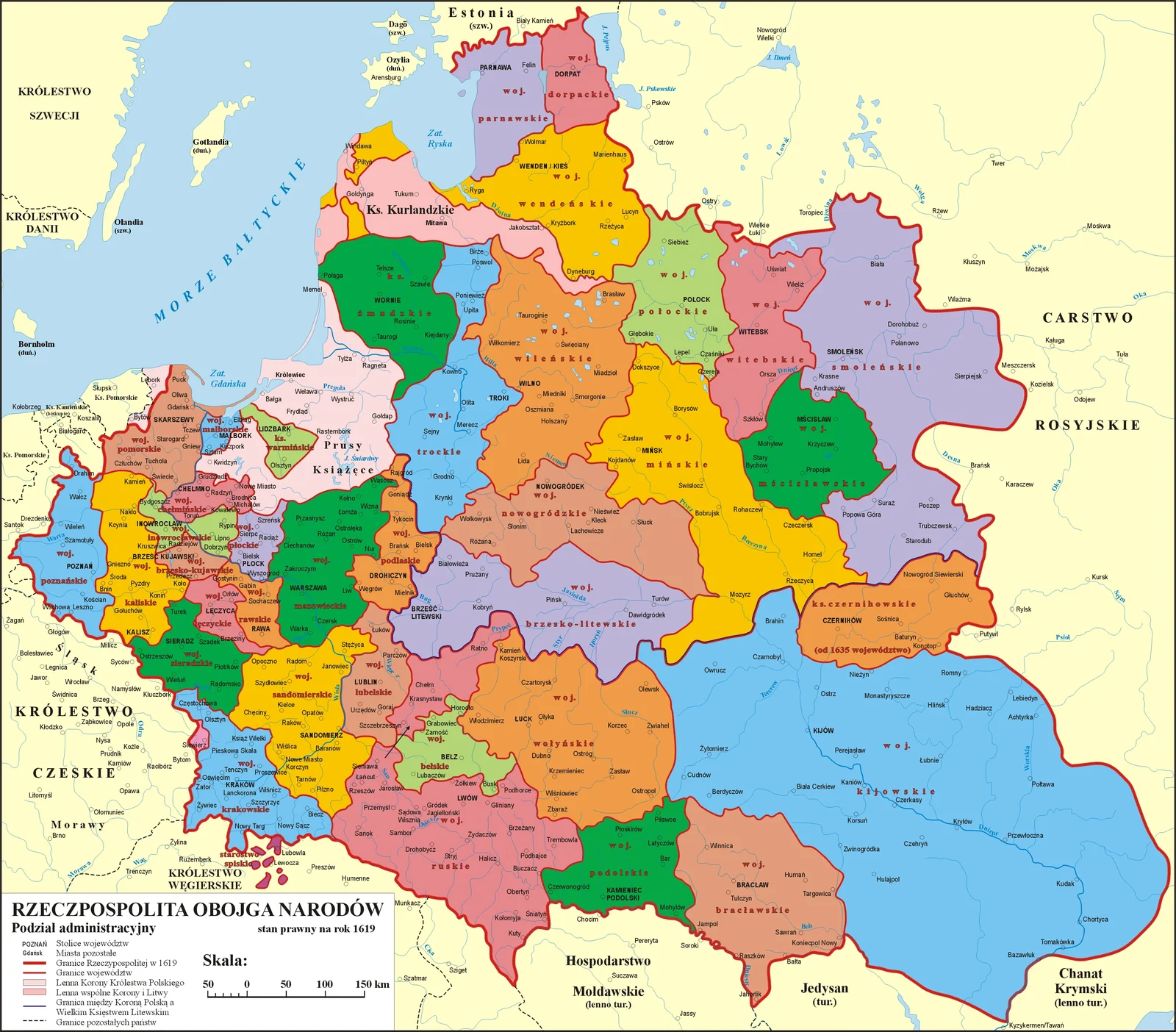 Mapa Rzeczpospolitej z 1619 roku z zaznaczonymi miejscami powstania Chmielnickiego: Sicz Zaporoska, Korsuń, Piławce, Zbaraż, Beresteczko, Biała Cerkiew, Perejasław, Kijów oraz granicą z Carstwem Rosyjskim