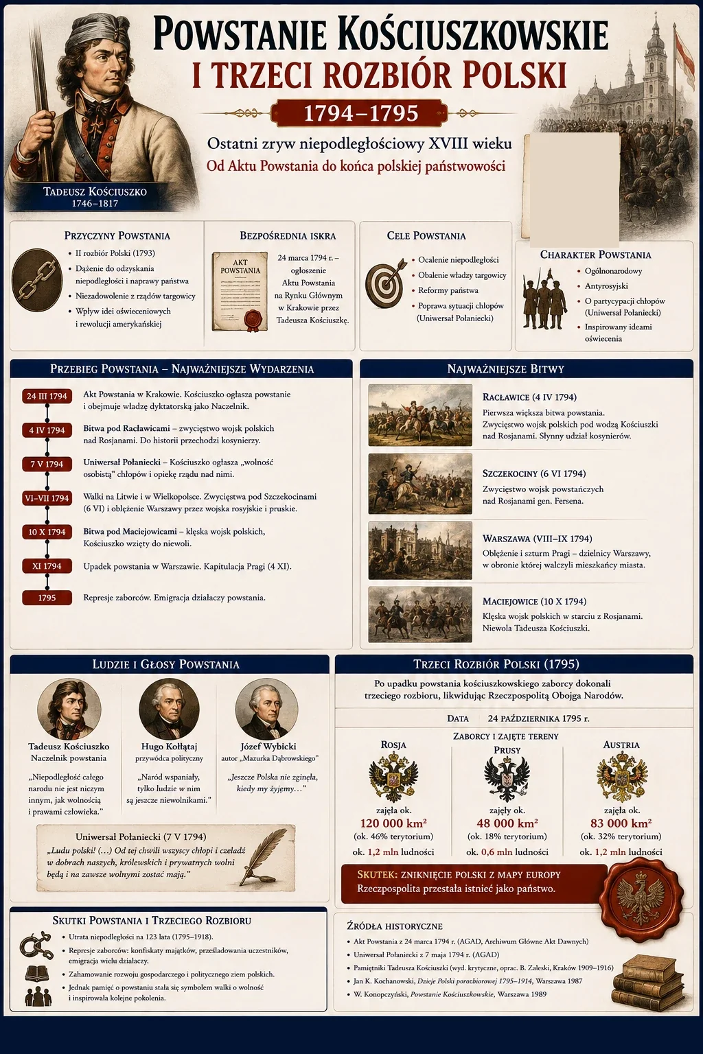 Infografika: Powstanie kościuszkowskie i trzeci rozbiór Polski 1794-1795 - przyczyny powstania, Akt Powstania w Krakowie, cele i charakter powstania, przebieg najważniejszych wydarzeń (bitwa pod Racławicami, uniwersał połaniecki, walki na Litwie i w Wielkopolsce, bitwa pod Maciejowicami, upadek Warszawy), najważniejsze bitwy, ludzie powstania (Tadeusz Kościuszko, Hugo Kołłątaj, Józef Wybicki), trzeci rozbiór Polski 1795 z podziałem terytorium między Rosję, Prusy i Austrię, skutki powstania i rozbioru, źródła historyczne.