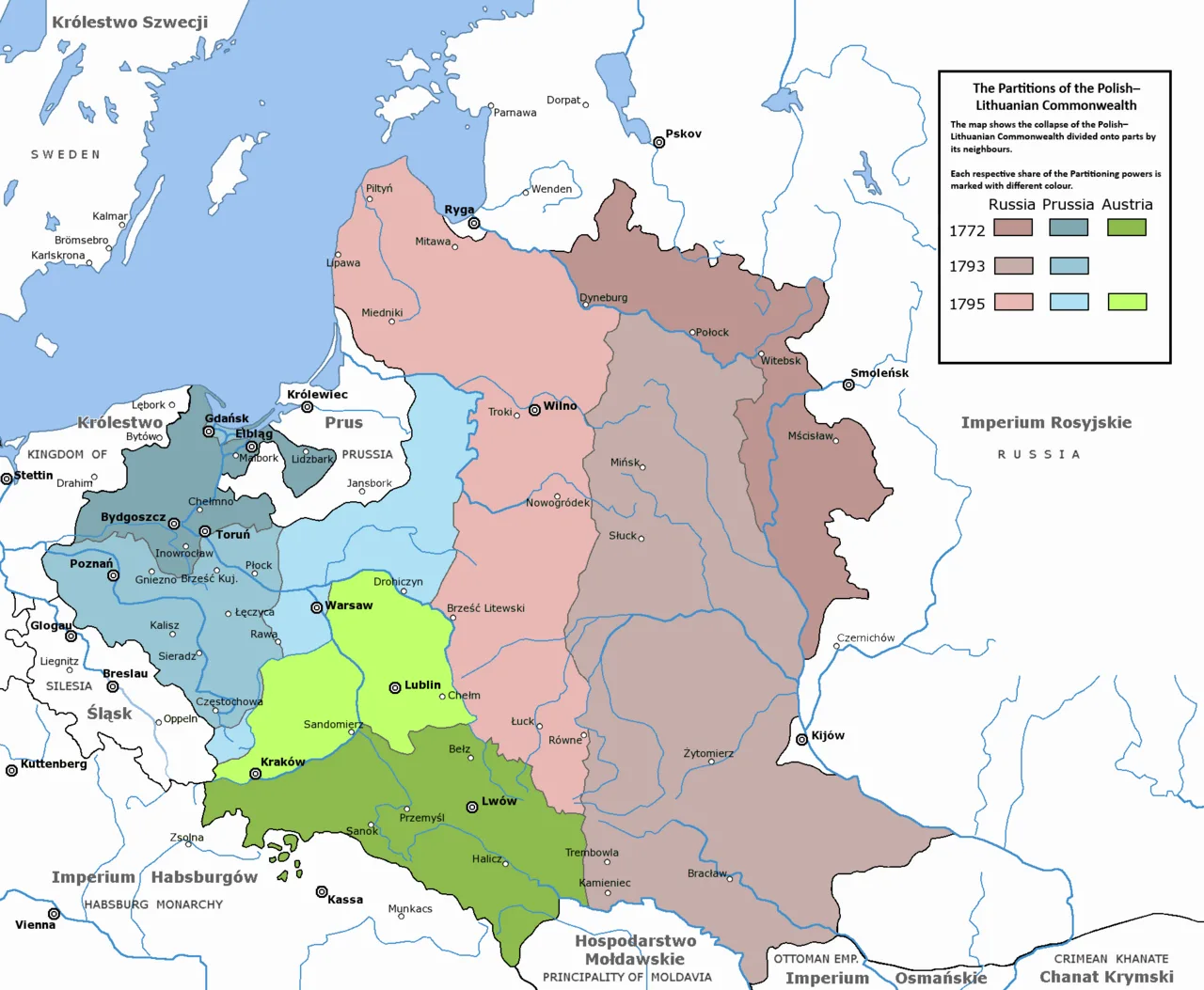 Mapa trzech rozbiorów Rzeczypospolitej Obojga Narodów (1772, 1793, 1795) dokonanych przez Rosję, Prusy i Austrię - kolory oznaczają zasięg ziem zabranych w poszczególnych rozbiorach