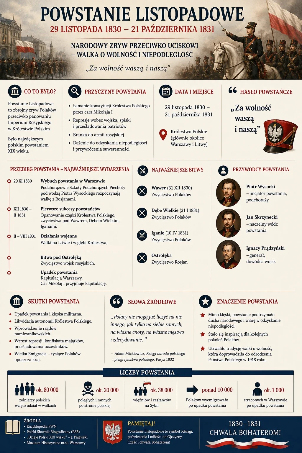 Infografika: Powstanie Listopadowe 29 listopada 1830 - 21 października 1831 - narodowy zryw przeciwko uciskowi, przyczyny powstania, data i miejsce, hasło powstańcze, przebieg powstania (wybuch w Warszawie, pierwsze sukcesy, działania wojenne, bitwa pod Ostrołęką, upadek powstania), najważniejsze bitwy (Wawer, Dębe Wielkie, Iganie, Ostrołęka), przywódcy powstania (Piotr Wysocki, Jan Skrzynecki, Ignacy Prądzyński), skutki powstania, znaczenie powstania, liczby powstania.