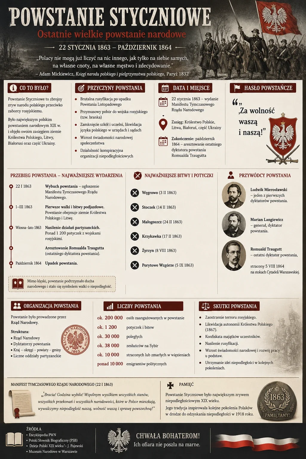 Infografika: Powstanie Styczniowe 22 stycznia 1863 - październik 1864 - ostatnie wielkie powstanie narodowe. Przyczyny powstania, data i miejsce, hasło powstańcze, przebieg powstania (wybuch, pierwsze walki, nasilenie działań partyzanckich, aresztowanie Traugutta, upadek), najważniejsze bitwy i potyczki (Węgrowo, Stoczek, Małogoszcz, Krzykawka, Żyrzyn, Porytowe Wzgórze), przywódcy powstania (Ludwik Mierosławski, Marian Langiewicz, Romuald Traugutt), organizacja powstania, liczby powstania, skutki powstania, manifest Tymczasowego Rządu Narodowego, pamięć o powstaniu.