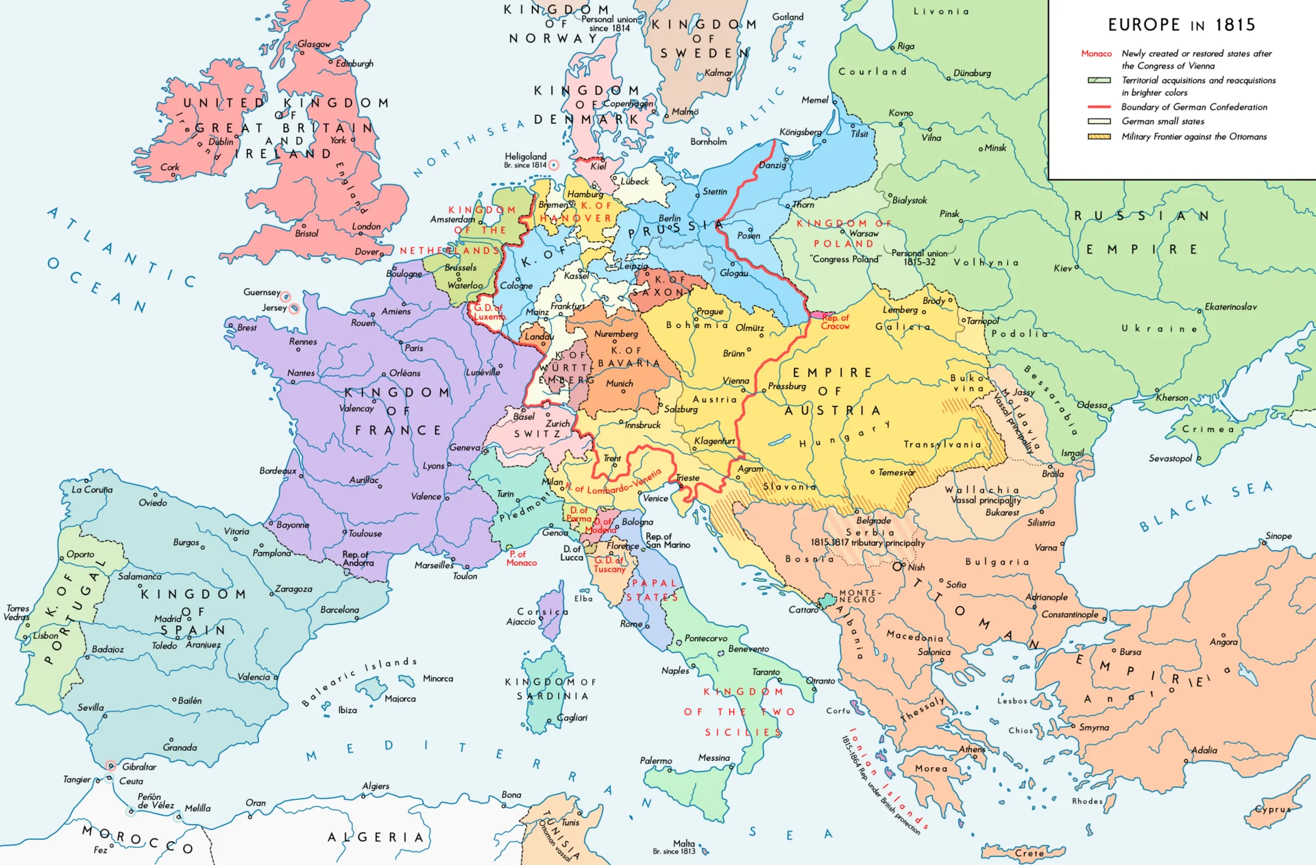 Mapa Europy w 1815 roku z zaznaczonymi regionami objętymi powstaniem styczniowym: Królestwo Polskie (Kongresowe), Litwa, Białoruś i Ukraina Prawobrzeżna w zaborze rosyjskim