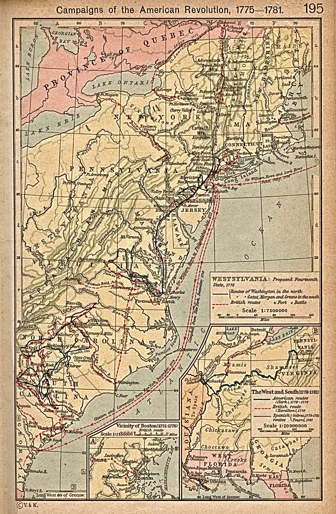 Mapa kampanii rewolucji amerykańskiej w latach 1775-1781 z trasami wojsk amerykańskich i brytyjskich oraz najważniejszymi miejscami walk