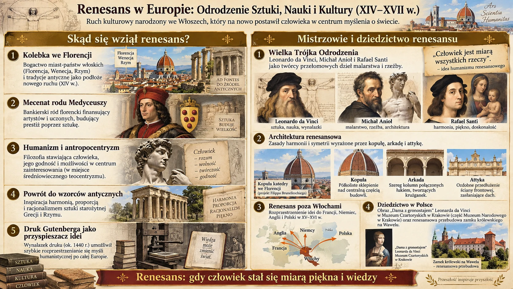 Infografika: Renesans w Europie - odrodzenie sztuki, nauki i kultury (XIV-XVII w.). Skąd się wziął renesans: kolebka we Florencji, mecenat rodu Medyceuszy, humanizm i antropocentryzm, powrót do wzorców antycznych, druk Gutenberga jako przyspieszacz idei. Mistrzowie i dziedzictwo renesansu: Wielka Trójka Odrodzenia (Leonardo da Vinci, Michał Anioł, Rafael Santi), architektura renesansowa (kopuła, arkada, attyka), renesans poza Włochami (Francja, Niemcy, Anglia, Polska), dziedzictwo w Polsce (Dama z gronostajem w Muzeum Czartoryskich w Krakowie, zamek królewski na Wawelu).