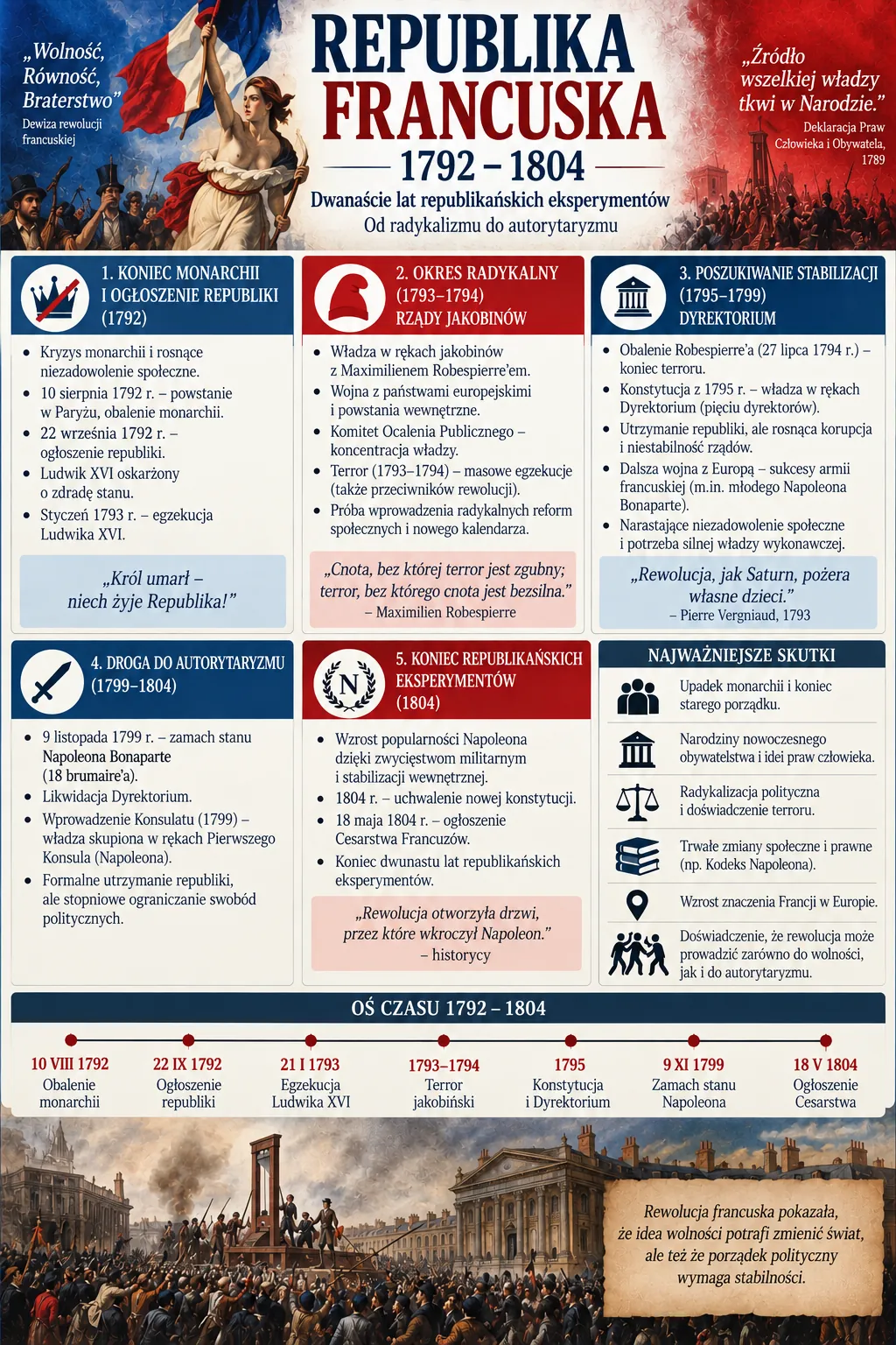 Infografika: Republika Francuska 1792-1804 - dwanaście lat republikańskich eksperymentów, od radykalizmu do autorytaryzmu. Pięć etapów: koniec monarchii i ogłoszenie republiki (1792), okres radykalny i rządy jakobinów z Robespierre'em (1793-1794), poszukiwanie stabilizacji i Dyrektoriat (1795-1799), droga do autorytaryzmu i zamach stanu 18 brumaire'a (1799-1804), koniec republikańskich eksperymentów i ogłoszenie Cesarstwa (1804). Najważniejsze skutki: upadek monarchii, narodziny nowoczesnego obywatelstwa i praw człowieka, radykalizacja polityczna i terror, Kodeks Napoleona, wzrost znaczenia Francji. Oś czasu: obalenie monarchii 10 VIII 1792, ogłoszenie republiki 22 IX 1792, egzekucja Ludwika XVI 21 I 1793, terror jakobiński 1793-1794, konstytucja i Dyrektoriat 1795, zamach stanu Napoleona 9 XI 1799, ogłoszenie Cesarstwa 18 V 1804