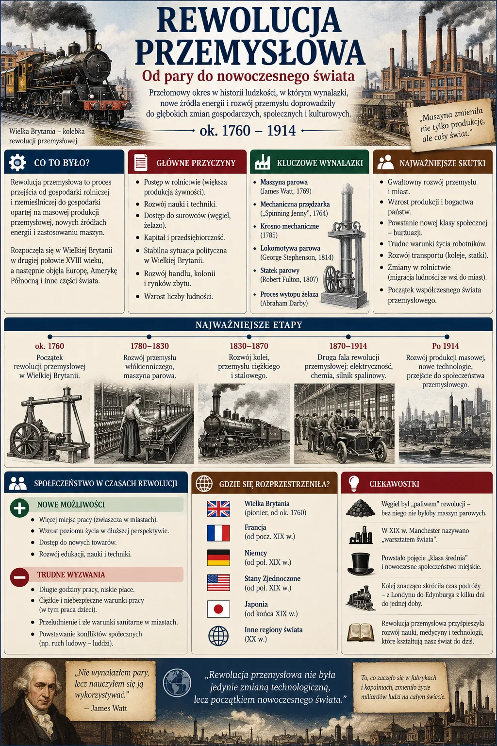 Infografika: Rewolucja przemysłowa, od pary do nowoczesnego świata, ok. 1760-1914. Co to było: przejście od gospodarki rolniczej i rzemieślniczej do produkcji maszynowej i fabrycznej, początek w Wielkiej Brytanii. Główne przyczyny: postęp w rolnictwie, rozwój nauki i techniki, dostęp do surowców (węgiel, żelazo), kapitał i przedsiębiorczość, stabilna sytuacja polityczna, rozwój handlu i kolonii, wzrost liczby ludności. Kluczowe wynalazki: maszyna parowa Jamesa Watta (1769), mechaniczna przędzarka Spinning Jenny (1764), krosno mechaniczne (1785), lokomotywa parowa George'a Stephensona (1814), statek parowy Roberta Fultona (1807), proces wytopu żelaza Abrahama Darby'ego. Najważniejsze skutki: gwałtowny rozwój przemysłu i miast, wzrost produkcji i bogactwa państw, powstanie klasy społecznej - burżuazji, trudne warunki życia robotników, rozwój transportu (koleje, statki), migracja ludności ze wsi do miast, początek współczesnego świata przemysłowego. Etapy: ok. 1760 początek w Wielkiej Brytanii, 1780-1830 przemysł włókienniczy i maszyna parowa, 1830-1870 rozwój kolei oraz przemysłu ciężkiego i stalowego, 1870-1914 druga fala rewolucji: elektryczność, chemia, silnik spalinowy, po 1914 produkcja masowa i nowe technologie. Rozprzestrzenienie: Wielka Brytania jako pionier od ok. 1760 r., Francja od początku XIX w., Niemcy i Stany Zjednoczone od połowy XIX w., Japonia od końca XIX w., pozostałe regiony świata w XX w. Ciekawostki: węgiel jako paliwo rewolucji, Manchester nazywane warsztatem świata, powstanie pojęcia klasy średniej, skrócenie czasu podróży dzięki kolei.