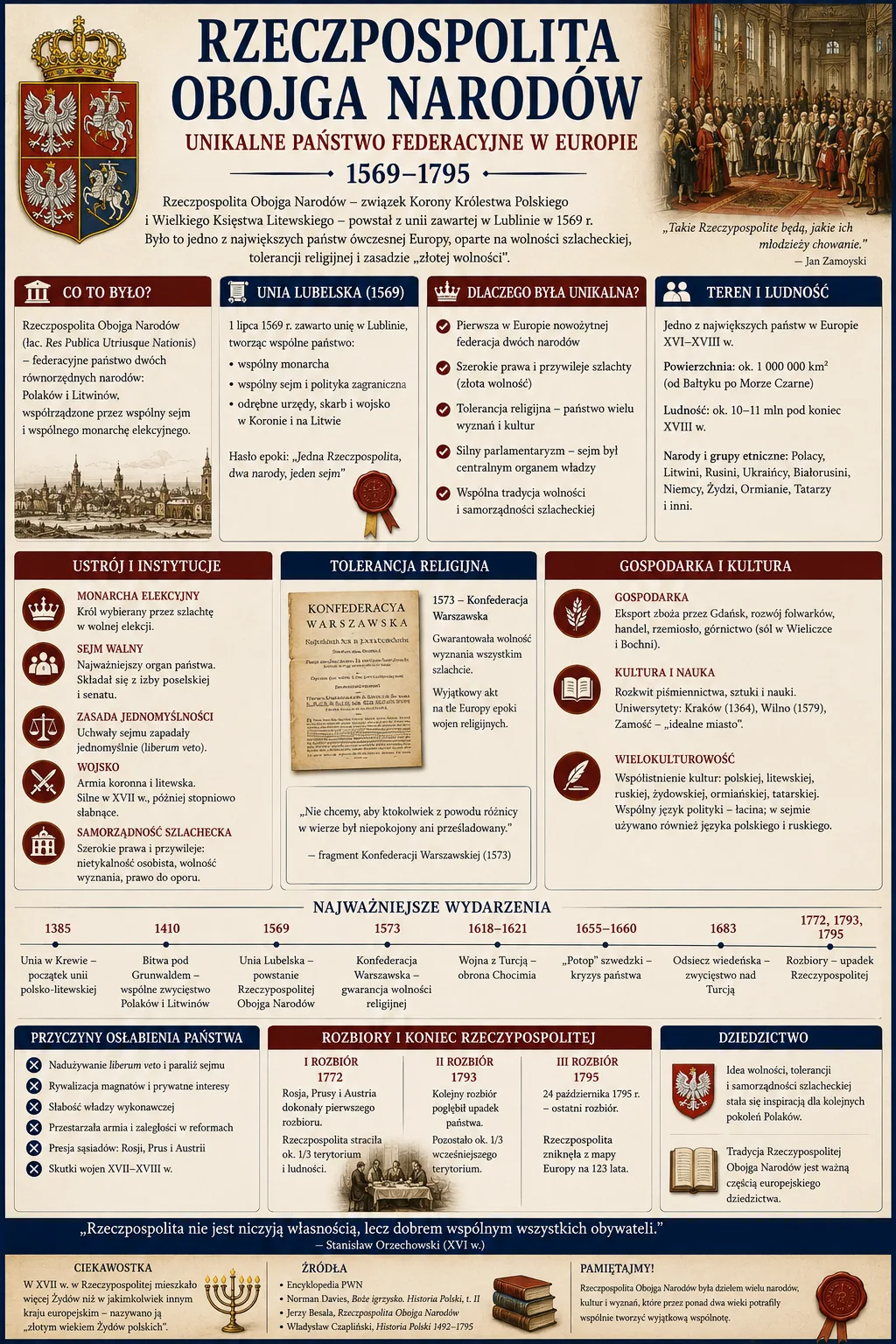 Infografika: Rzeczpospolita Obojga Narodów 1569-1795. Powstanie państwa z unii lubelskiej 1569 - związek Korony Królestwa Polskiego i Wielkiego Księstwa Litewskiego ze wspólnym monarchą i sejmem, lecz odrębnym wojskiem, skarbem i urzędami. Powierzchnia ok. 1 000 000 km2, ludność ok. 10-11 mln, wiele narodów: Polacy, Litwini, Rusini, Niemcy, Żydzi, Ormianie, Tatarzy. Ustrój: monarcha elekcyjny, sejm walny, liberum veto, samorządność szlachecka, złota wolność. Konfederacja warszawska 1573 - tolerancja religijna. Najważniejsze wydarzenia: unia w Krewie 1385, Grunwald 1410, unia lubelska 1569, konfederacja warszawska 1573, wojny z Turcją, potop szwedzki 1655-1660, odsiecz wiedeńska 1683. Przyczyny upadku: liberum veto, oligarchia magnacka, słaba władza, przestarzała armia, presja Rosji, Prus i Austrii. Rozbiory 1772, 1793, 1795 - koniec Rzeczypospolitej.
