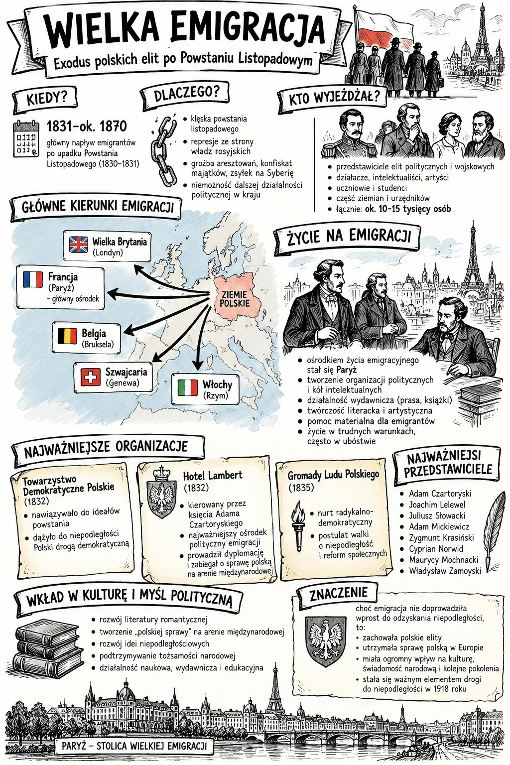 Infografika: Wielka Emigracja - exodus polskich elit po powstaniu listopadowym (1831 - ok. 1870). Przyczyny: klęska powstania, represje rosyjskie, groźba aresztowań, konfiskat i zsyłek na Syberię. Kto wyjeżdżał: elity polityczne i wojskowe, intelektualiści, artyści, studenci, część ziemian - łącznie ok. 10-15 tys. osób. Główne kierunki: Francja (Paryż - główny ośrodek), Wielka Brytania, Belgia, Szwajcaria, Włochy. Najważniejsze organizacje: Towarzystwo Demokratyczne Polskie (1832), Hotel Lambert księcia Adama Czartoryskiego, Gromady Ludu Polskiego (1835). Przedstawiciele: Czartoryski, Lelewel, Słowacki, Mickiewicz, Krasiński, Norwid, Mochnacki, Zamoyski. Znaczenie: zachowanie elit, utrzymanie sprawy polskiej w Europie, wpływ na kulturę i świadomość narodową.