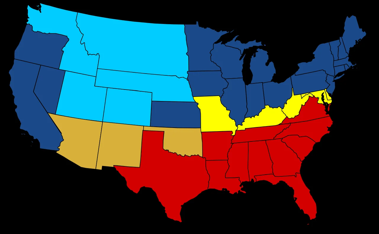 Mapa podziału stanów USA w 1863 roku: Unia (niebieski), Konfederacja (czerwony), stany graniczne i terytoria