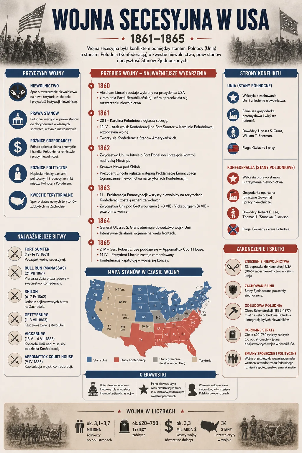 Infografika: Wojna secesyjna w USA 1861-1865 - przyczyny, przebieg, strony konfliktu, bitwy, mapa stanów i skutki