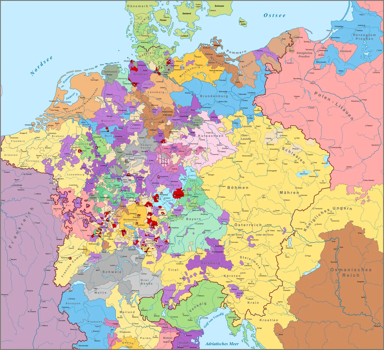 Mapa Świętego Cesarstwa Rzymskiego (Rzeszy Niemieckiej) w 1618 roku z zaznaczonymi miejscami kluczowych bitew wojny trzydziestoletniej