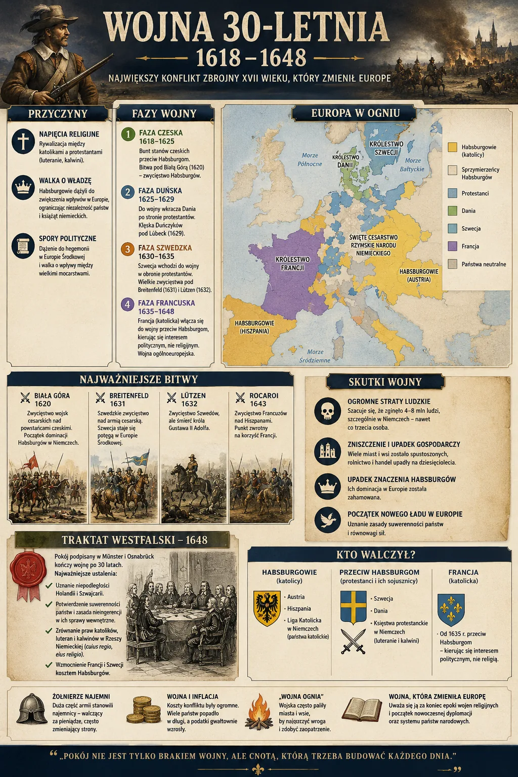Infografika: Wojna trzydziestoletnia 1618-1648 - przyczyny, cztery fazy, strony konfliktu, kluczowe bitwy, pokój westfalski i skutki