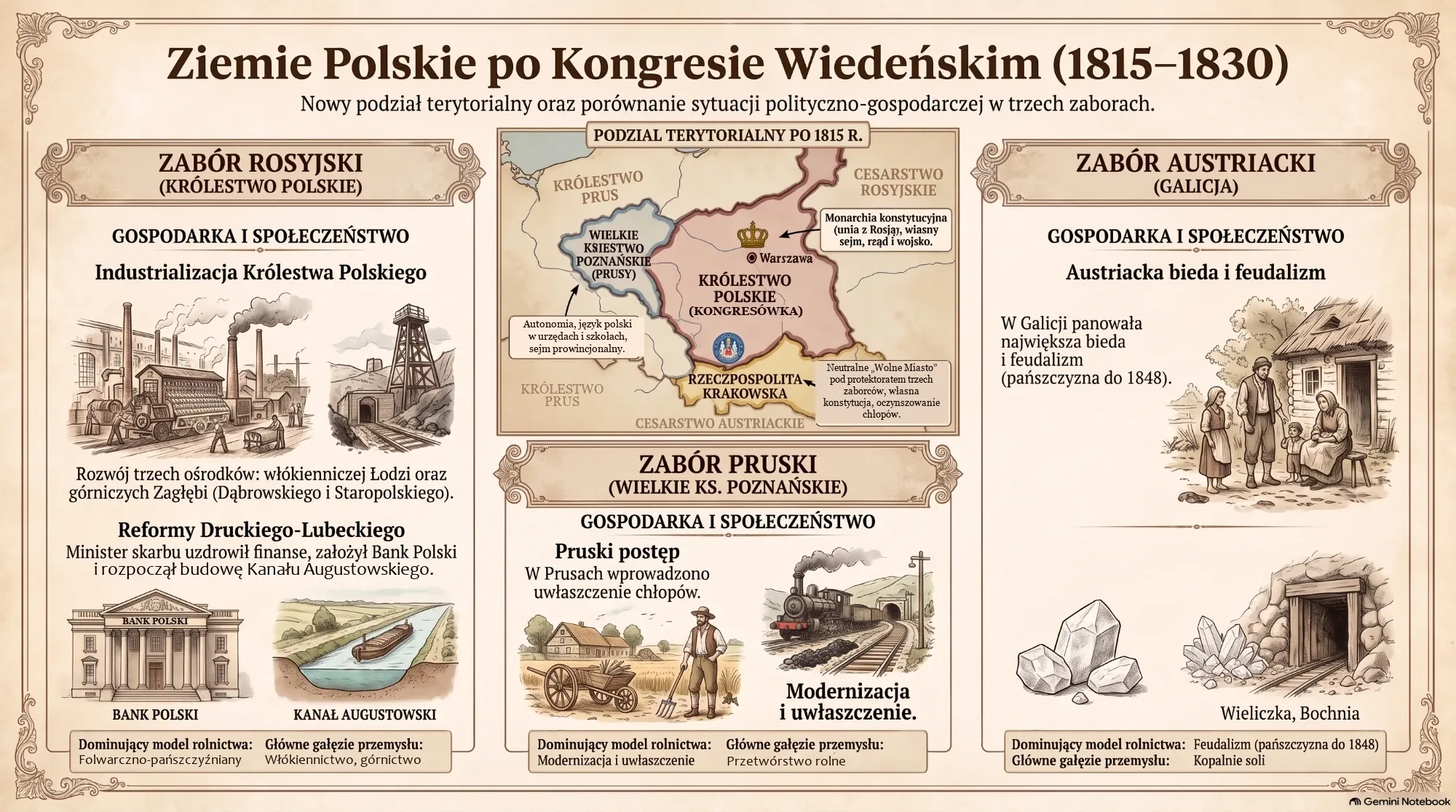 Infografika: Ziemie polskie po kongresie wiedeńskim (1815-1830). Mapa podziału terytorialnego po 1815 r.: Królestwo Polskie (Kongresówka) złączone z Rosją, Wielkie Księstwo Poznańskie w Prusach, Rzeczpospolita Krakowska (Wolne Miasto Kraków) oraz Galicja w Austrii. Zabór rosyjski: industrializacja Królestwa - włókiennicza Łódź, Zagłębie Dąbrowskie i Staropolskie, reformy Druckiego-Lubeckiego, Bank Polski, Kanał Augustowski, rolnictwo folwarczno-pańszczyźniane. Zabór pruski: uwłaszczenie chłopów i modernizacja. Zabór austriacki: bieda i pańszczyzna do 1848 r., kopalnie soli w Wieliczce i Bochni.